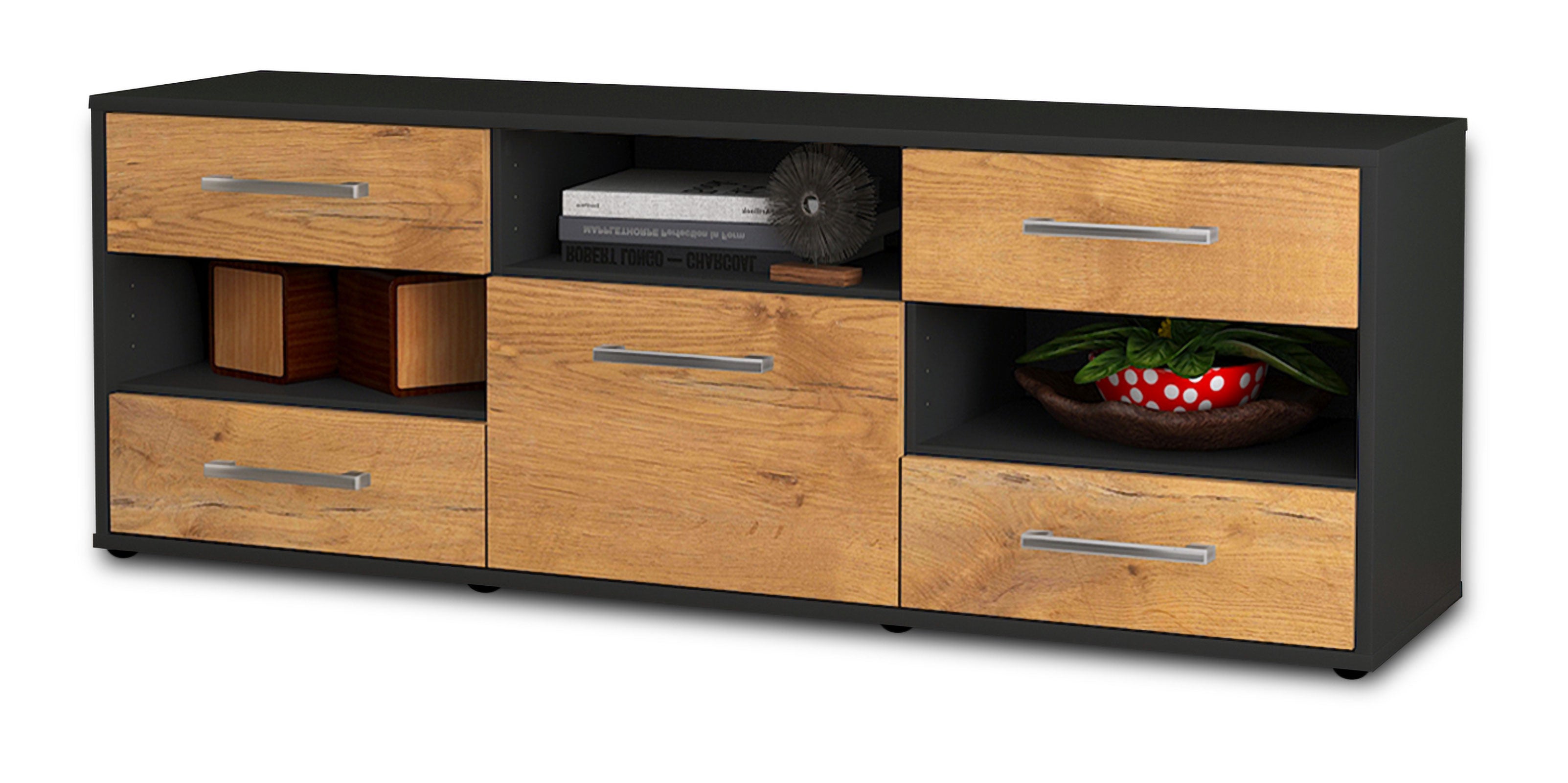 Lowboard - Annina - Design Holzdekor - Freistehend mit Griffe 136 cm Anthrazit