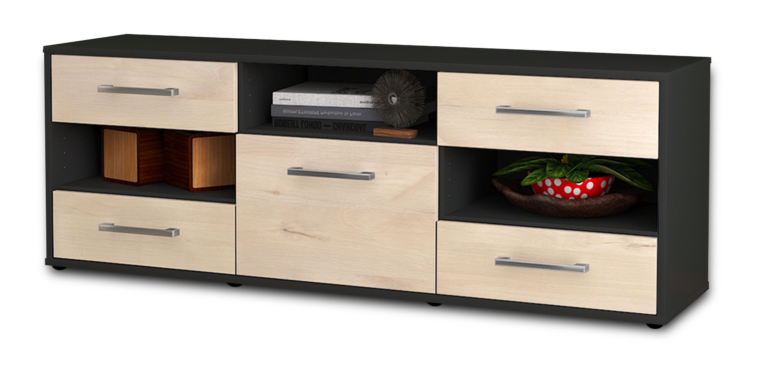 Lowboard - Annina - Design Holzdekor - Freistehend mit Griffe 136 cm Anthrazit