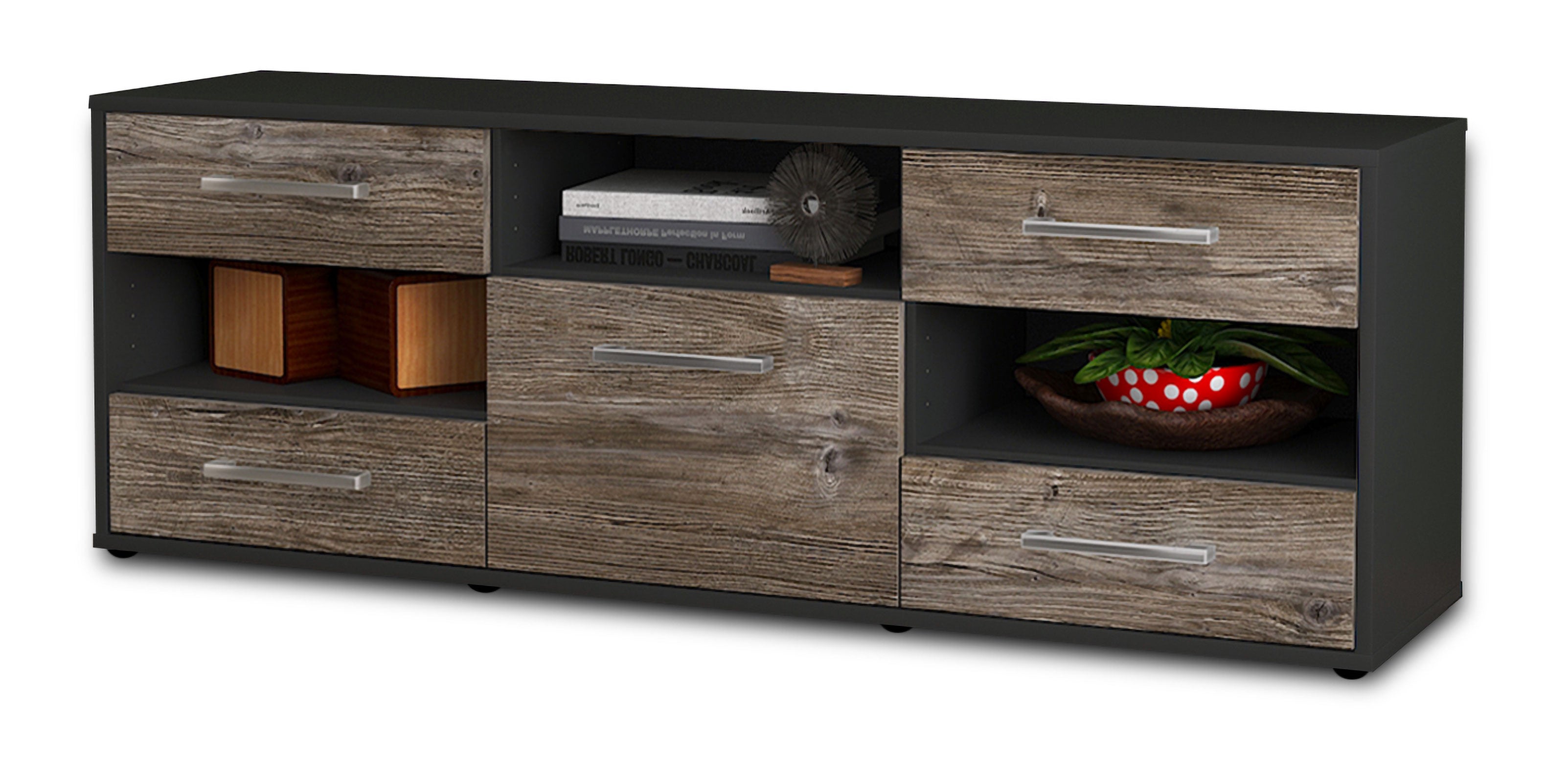 Lowboard - Annina - Design Holzdekor - Freistehend mit Griffe 136 cm Anthrazit