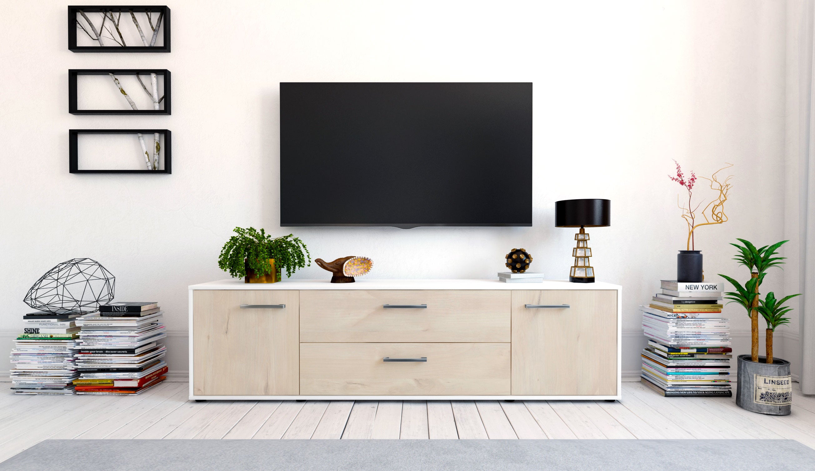Lowboard - Aquilina - Design Holzdekor - Freistehend mit Griffe 180 cm Weiss