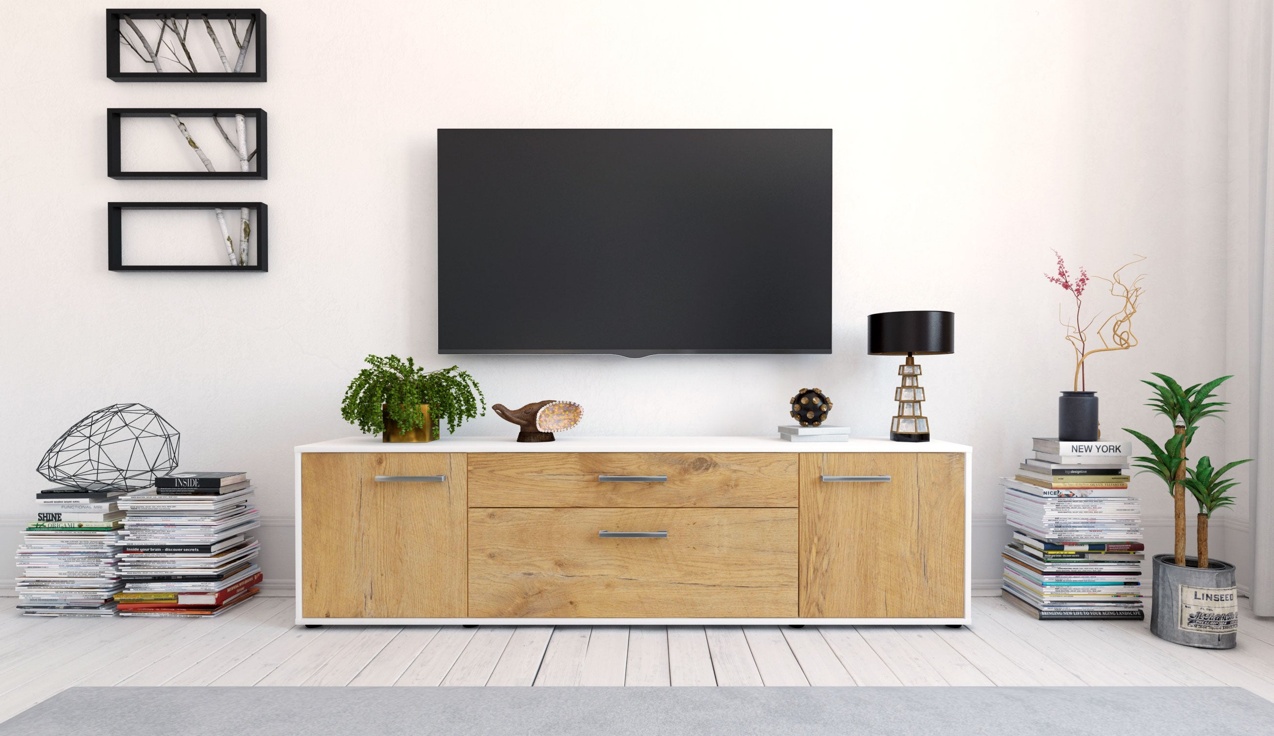 Lowboard - Aria - Design Holzdekor - Freistehend mit Griffe 180 cm Weiss