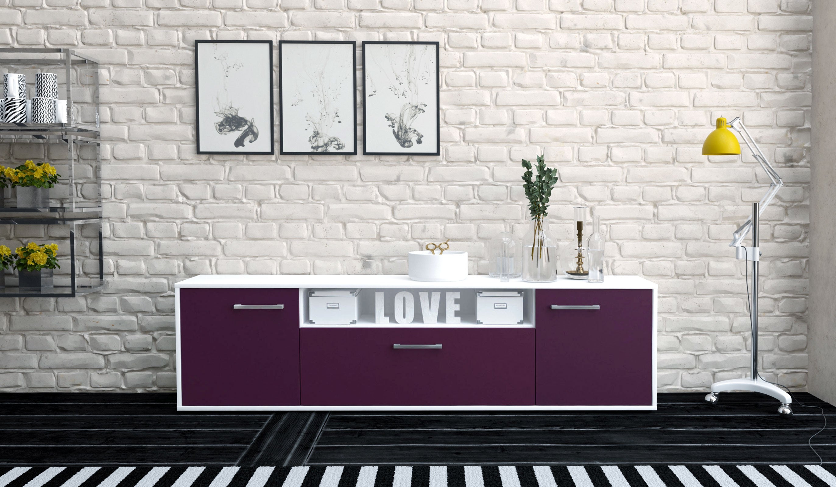 Lowboard - Ariana - Design Farbakzent - Freistehend mit Griffe 180 cm Weiss