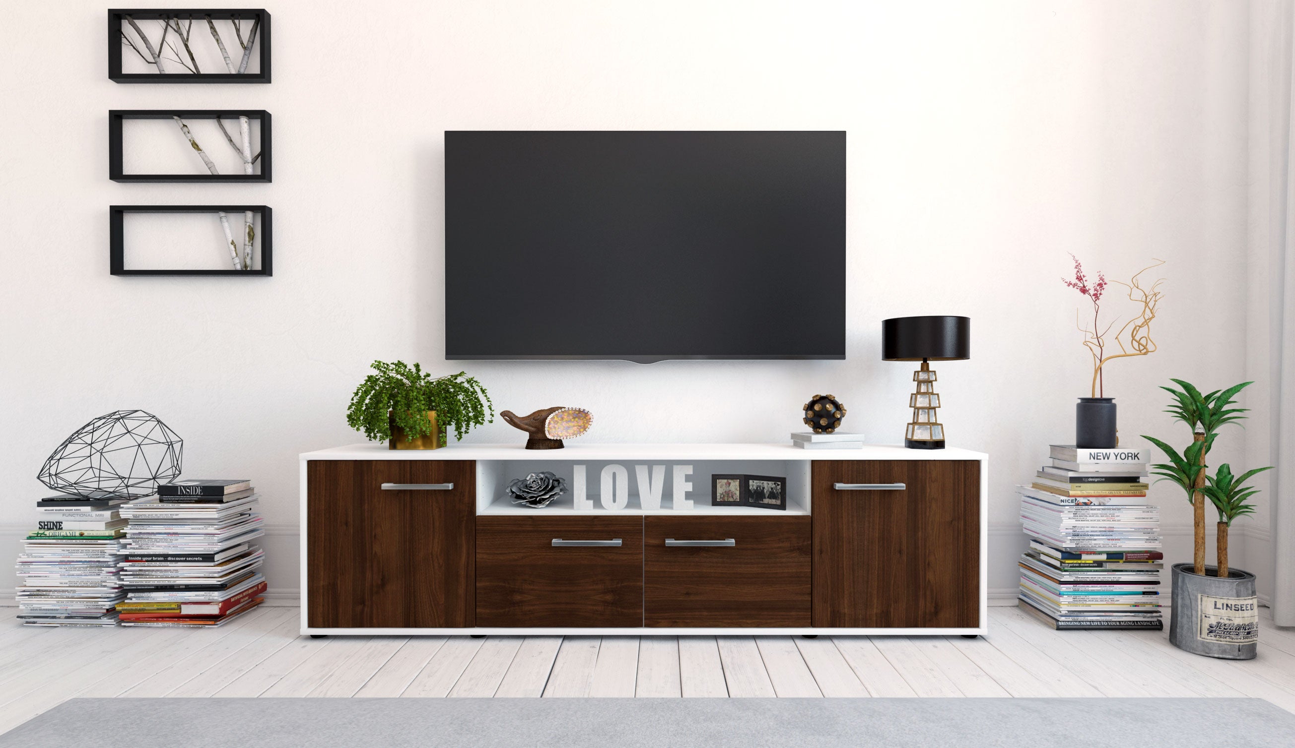 Lowboard - Arianna - Design Holzdekor - Freistehend mit Griffe 180 cm Weiss