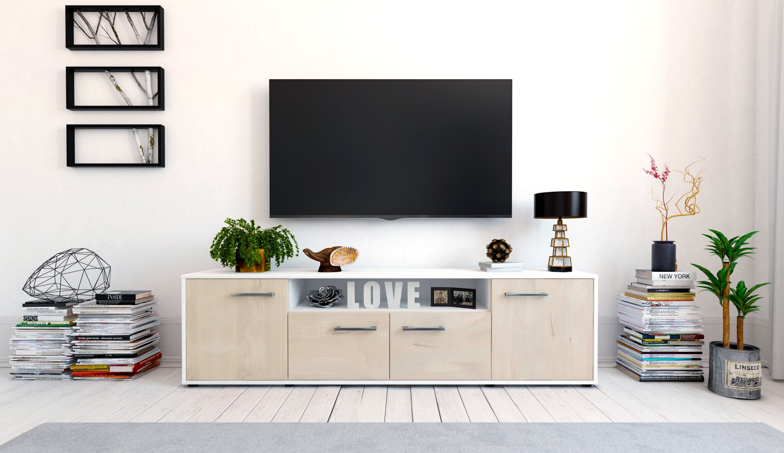 Lowboard - Arianna - Design Holzdekor - Freistehend mit Griffe 180 cm Weiss