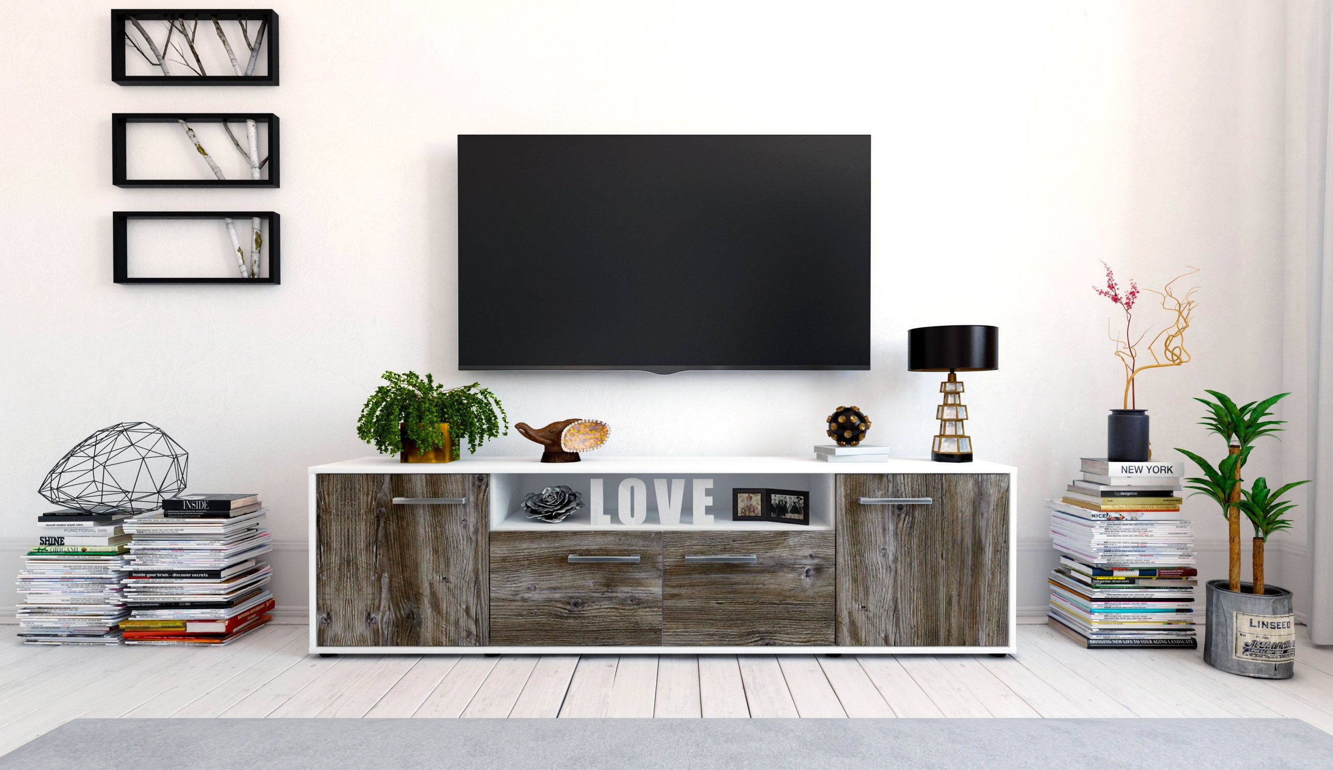 Lowboard - Arianna - Design Holzdekor - Freistehend mit Griffe 180 cm Weiss