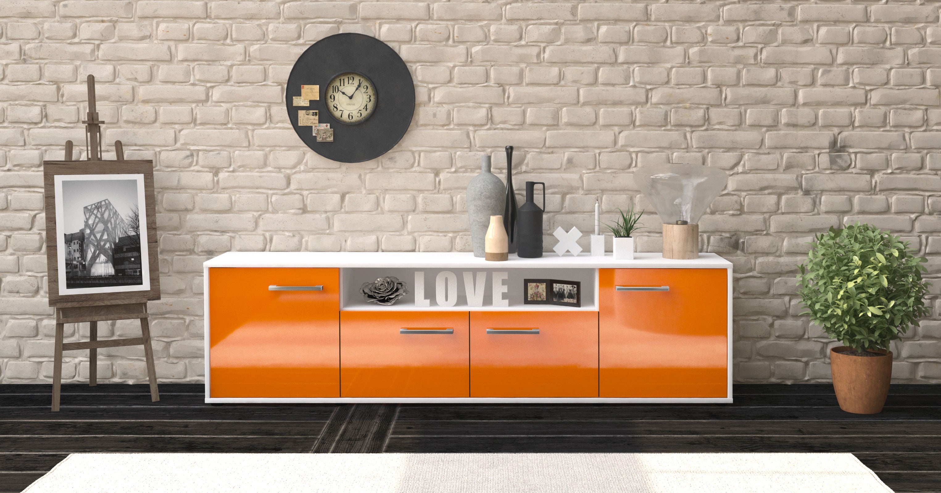 Lowboard - Arianna - Design Hochglanz - Freistehend mit Griffe 180 cm Weiss