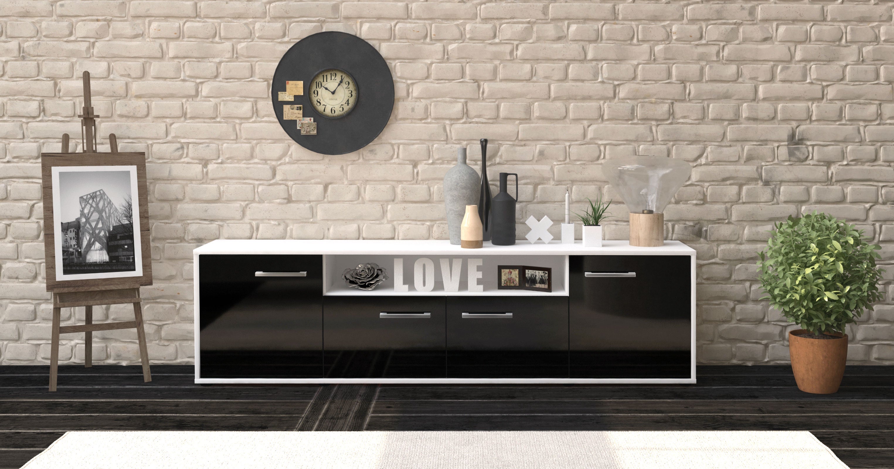 Lowboard - Arianna - Design Hochglanz - Freistehend mit Griffe 180 cm Weiss