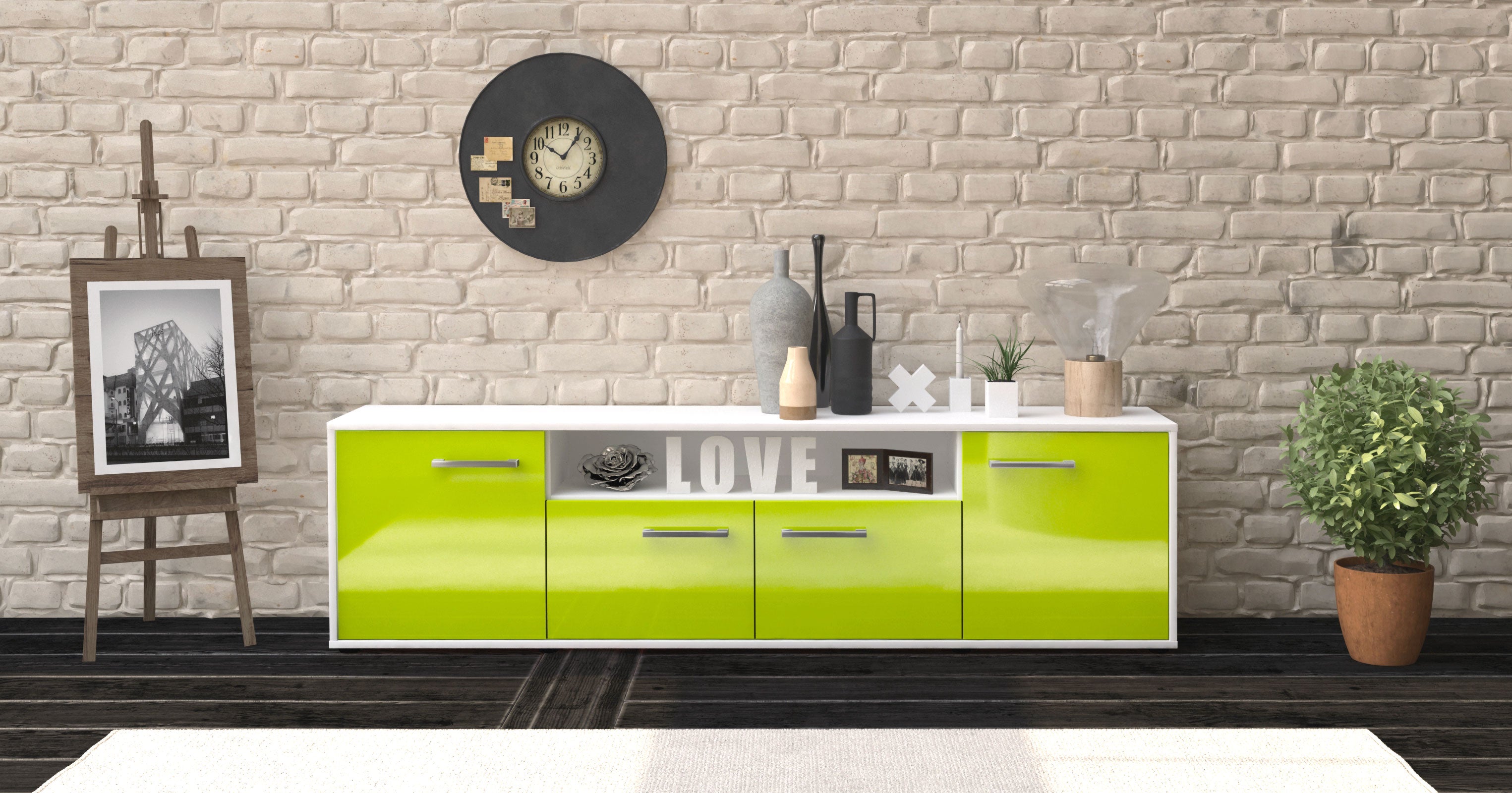 Lowboard - Arianna - Design Hochglanz - Freistehend mit Griffe 180 cm Weiss