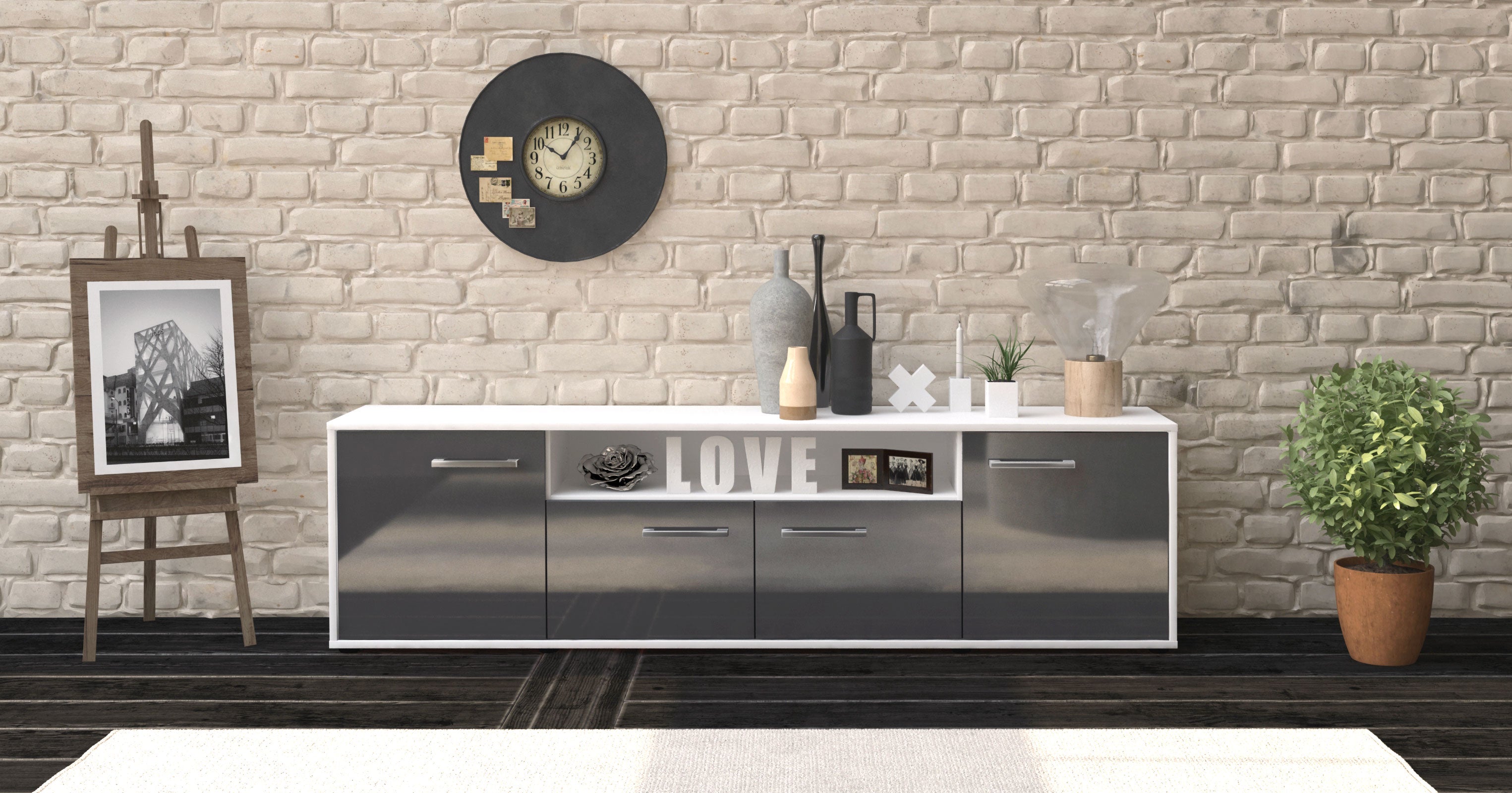 Lowboard - Arianna - Design Hochglanz - Freistehend mit Griffe 180 cm Weiss
