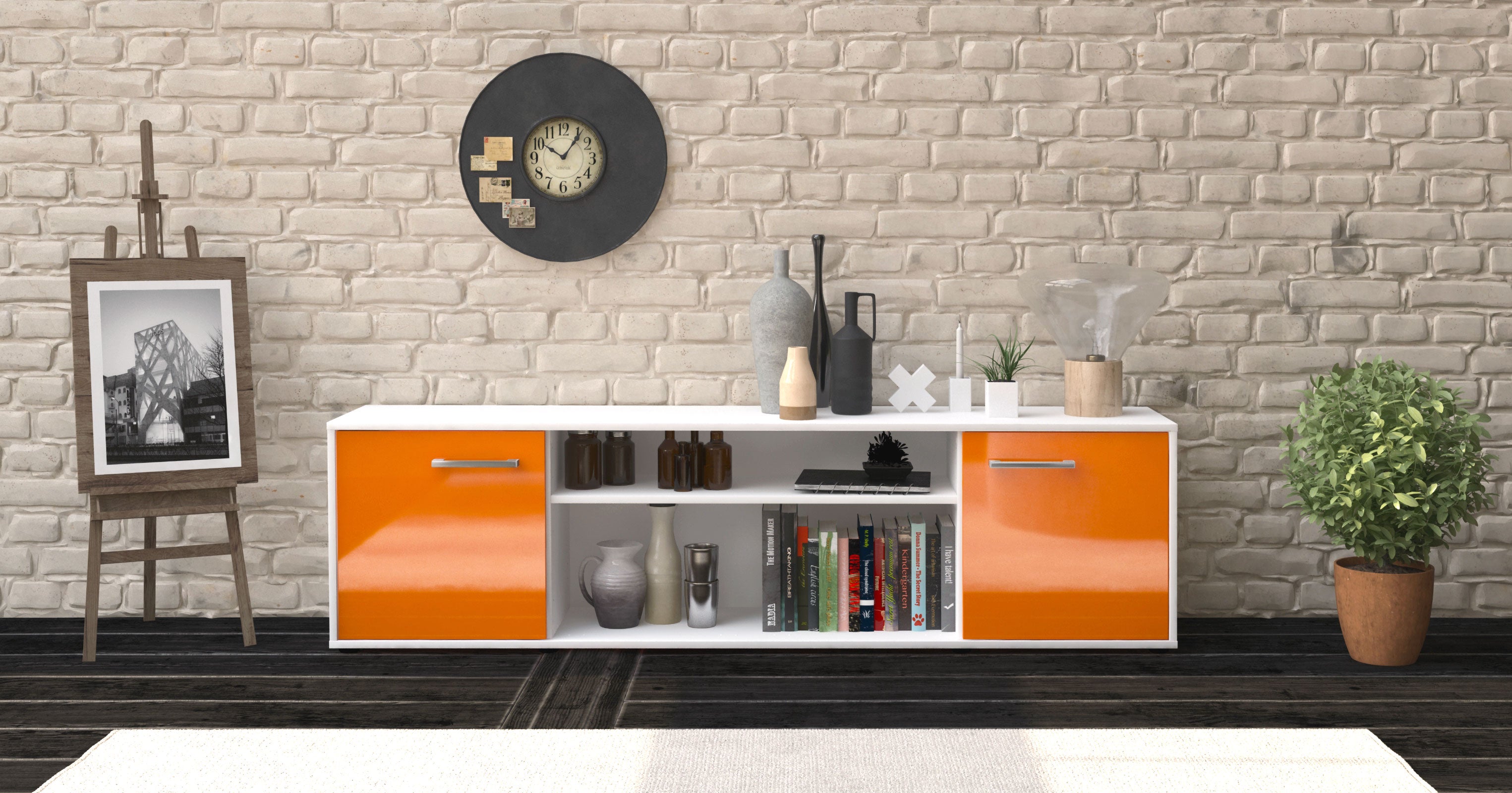 Lowboard - Asia - Design Hochglanz - Freistehend mit Griffe 180 cm Weiss