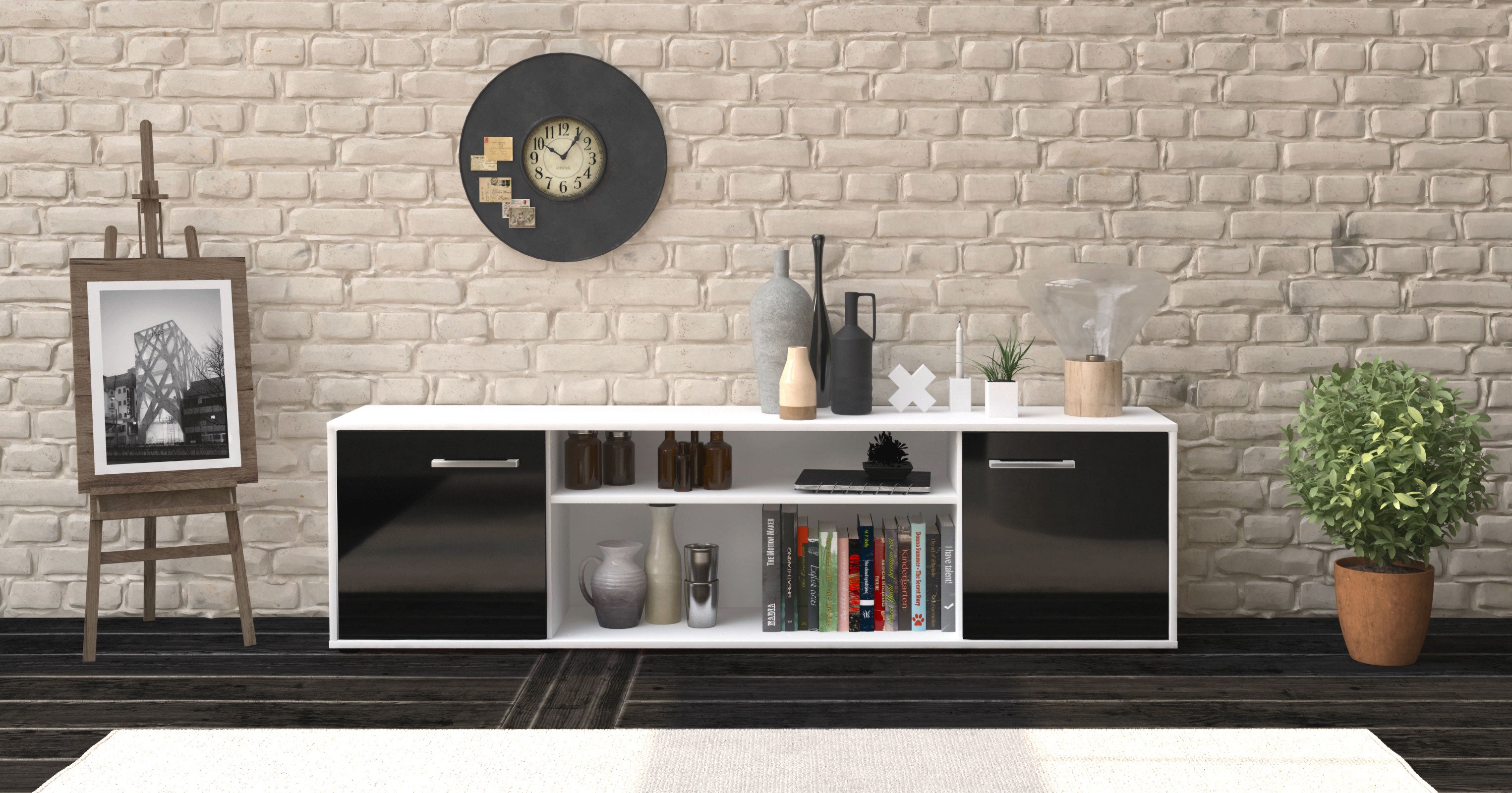 Lowboard - Asia - Design Hochglanz - Freistehend mit Griffe 180 cm Weiss