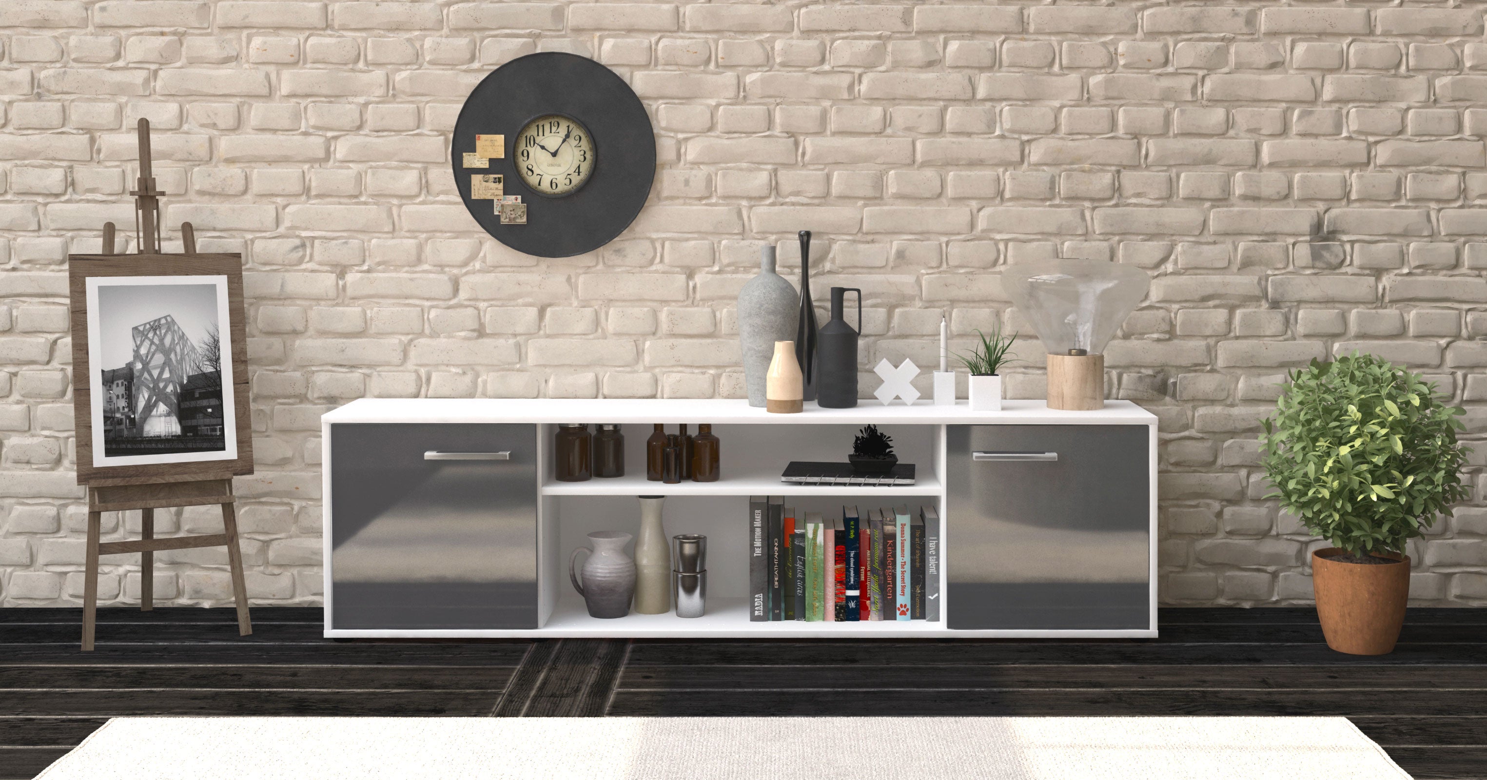 Lowboard - Asia - Design Hochglanz - Freistehend mit Griffe 180 cm Weiss