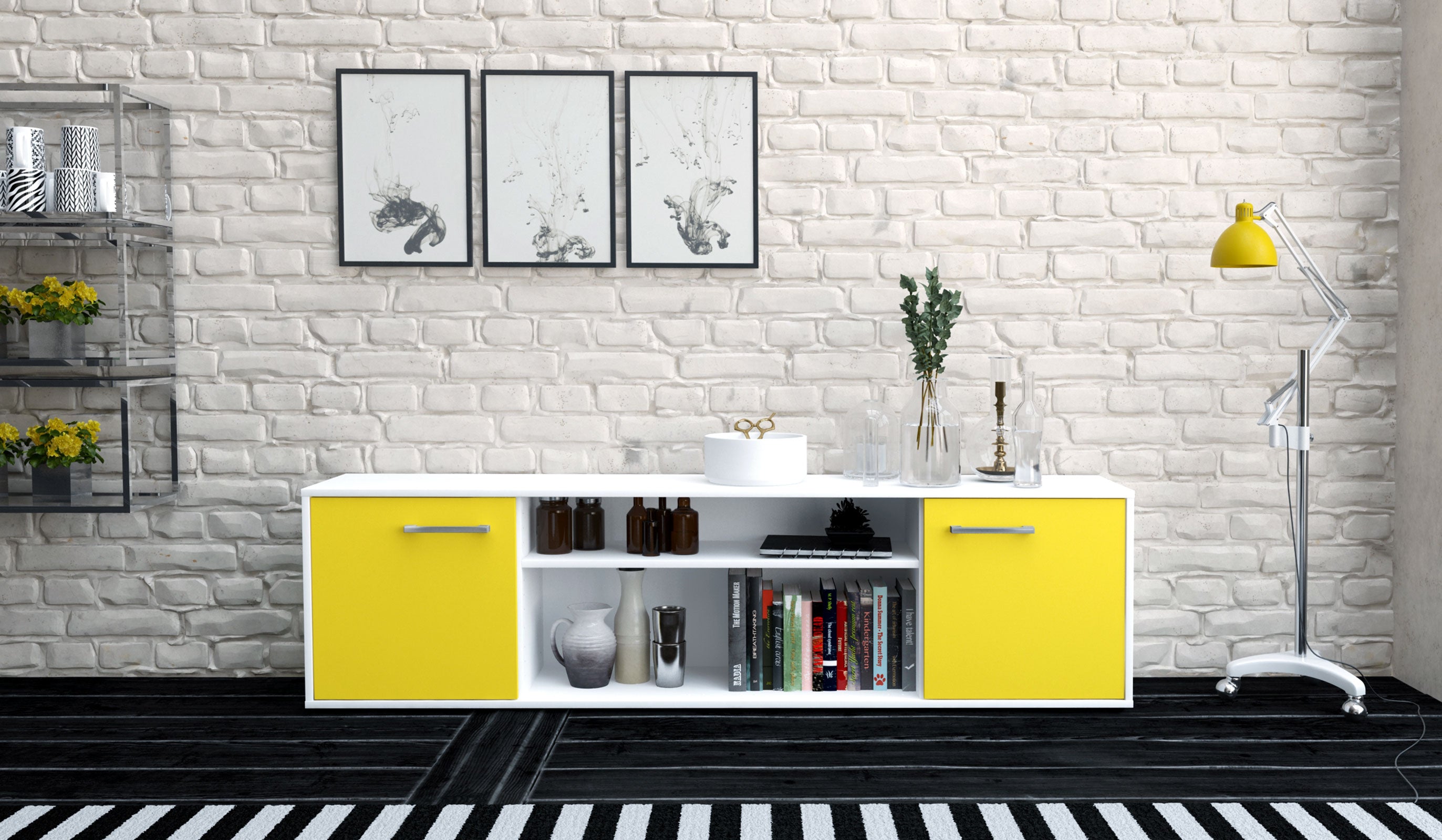 Lowboard - Asia - Design Farbakzent - Freistehend mit Griffe 180 cm Weiss