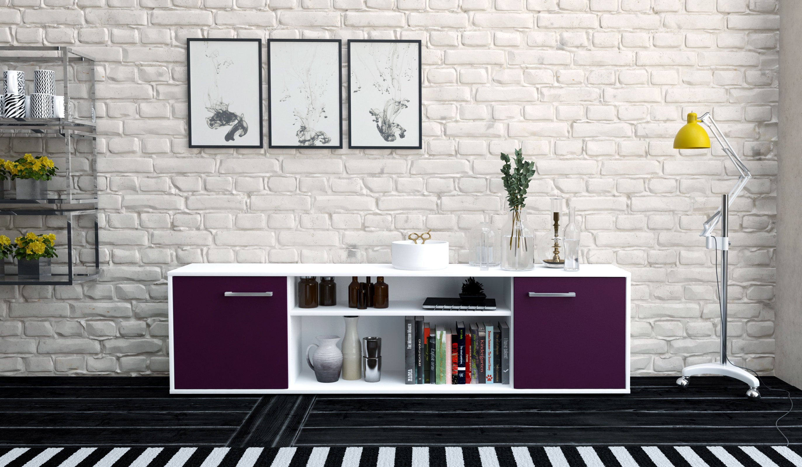 Lowboard - Asia - Design Farbakzent - Freistehend mit Griffe 180 cm Weiss