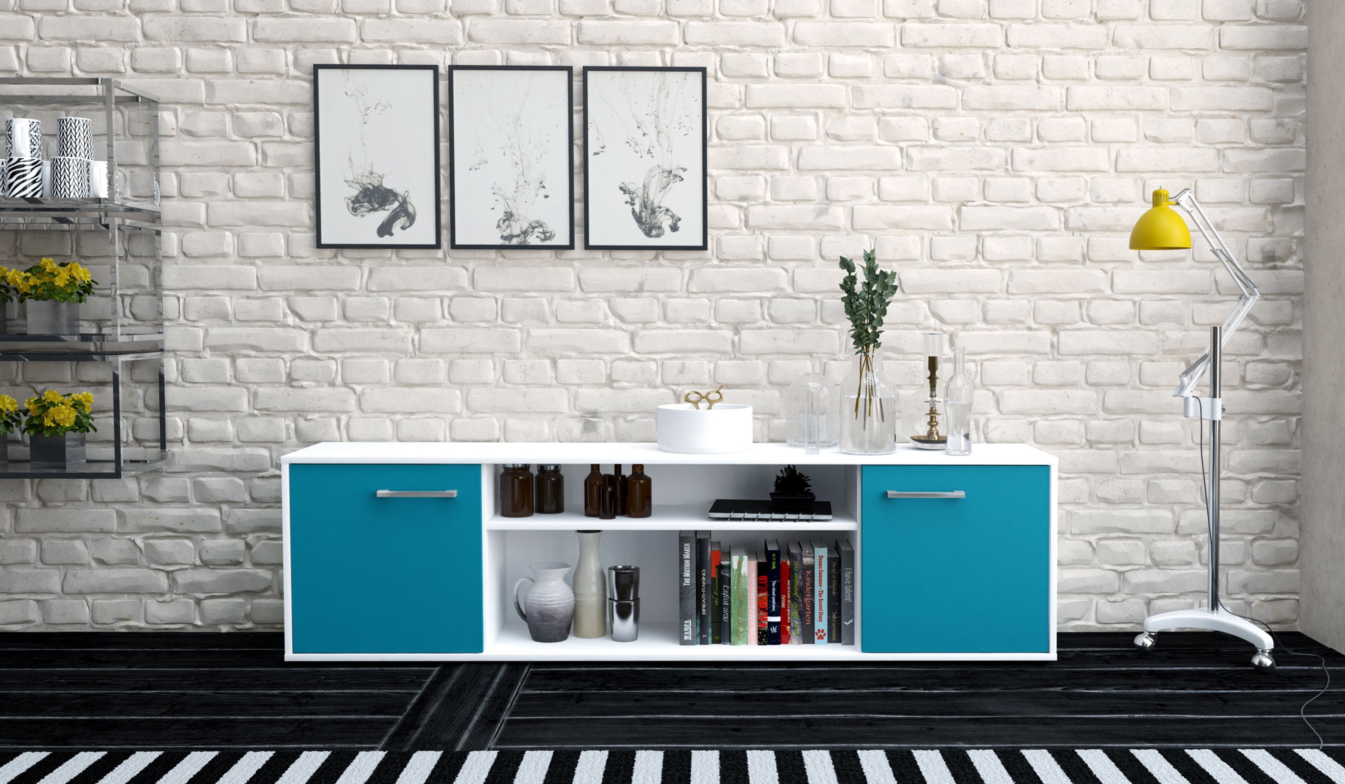 Lowboard - Asia - Design Farbakzent - Freistehend mit Griffe 180 cm Weiss
