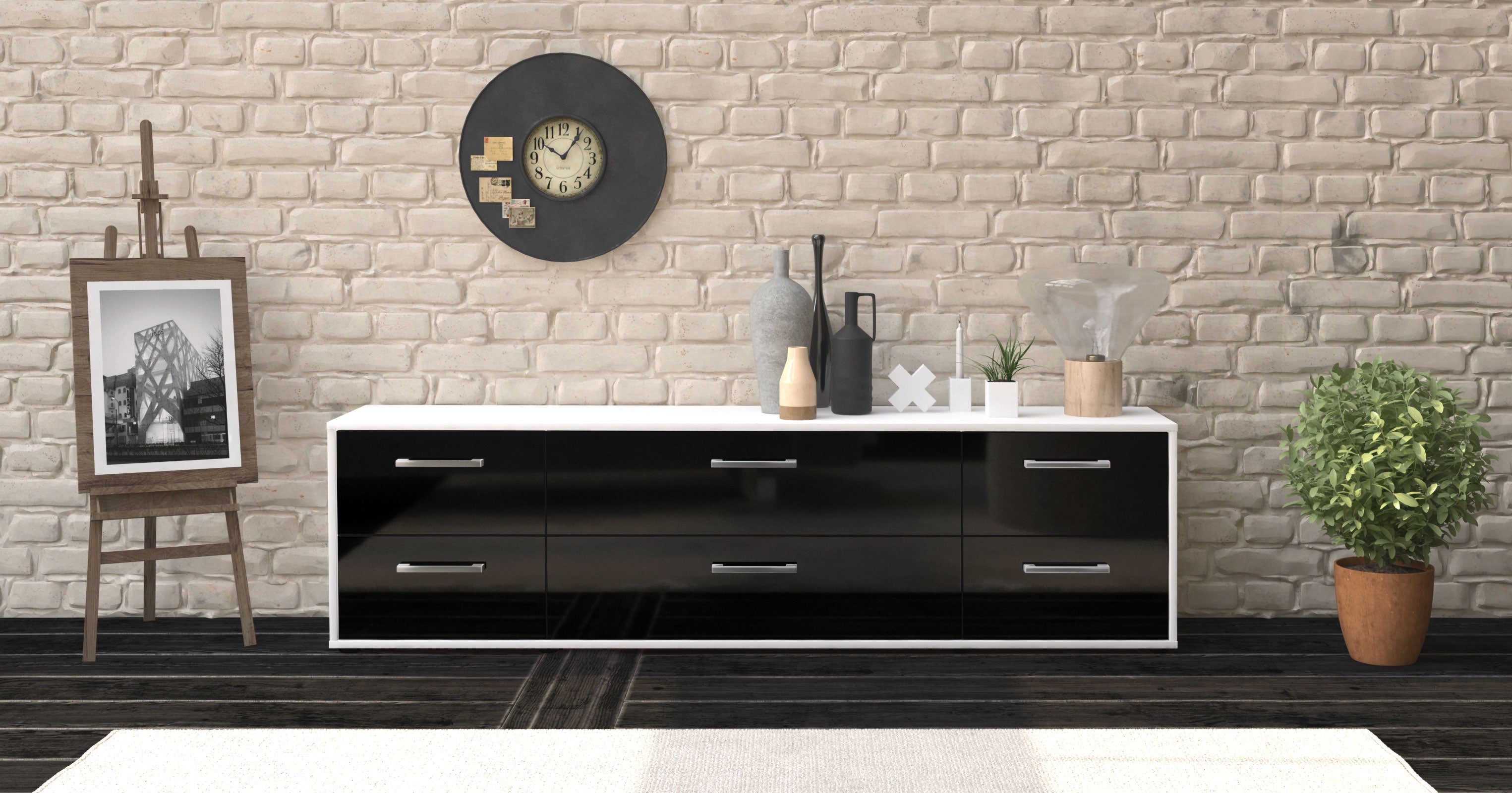 Lowboard - Assunta - Design Hochglanz - Freistehend mit Griffe 180 cm Weiss