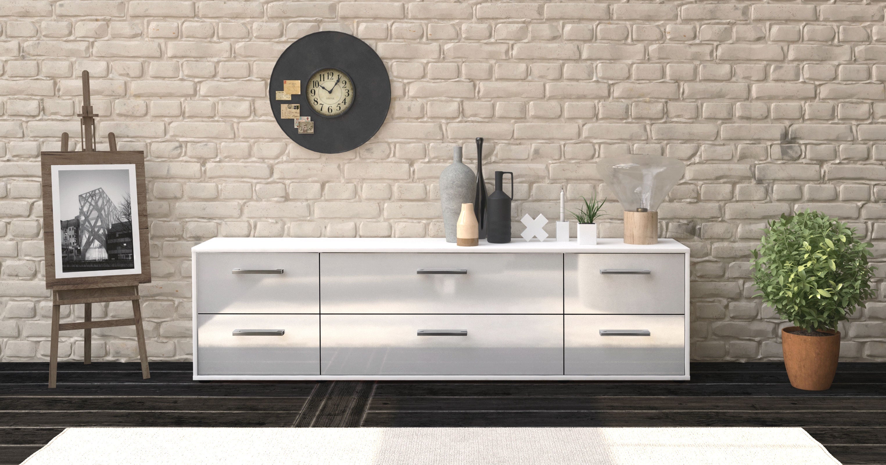 Lowboard - Assunta - Design Hochglanz - Freistehend mit Griffe 180 cm Weiss