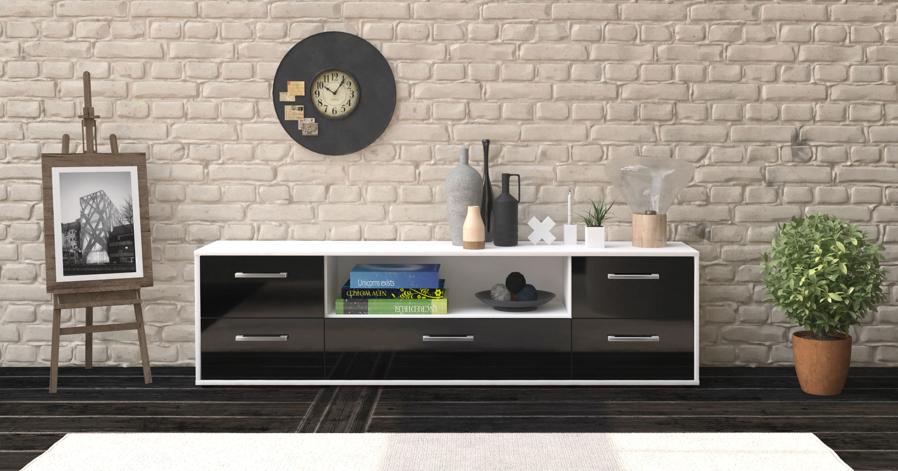 Lowboard - Atlanta - Design Hochglanz - Freistehend mit Griffe 180 cm Weiss