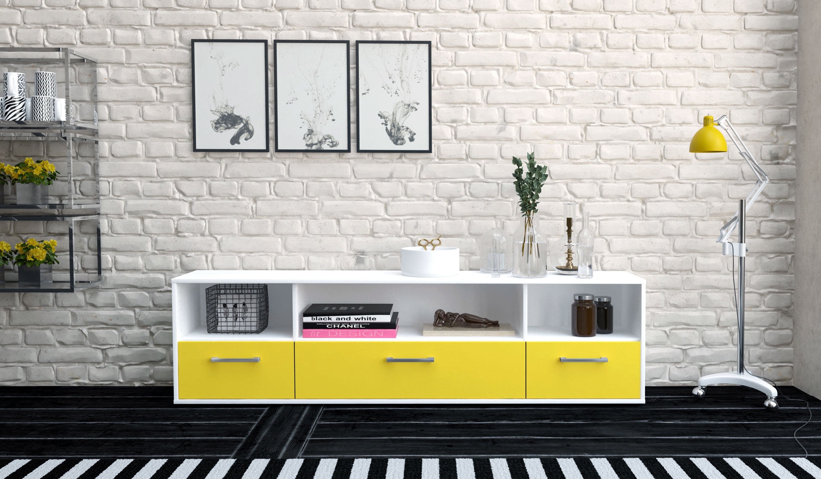Lowboard - Aurelia - Design Farbakzent - Freistehend mit Griffe 180 cm Weiss