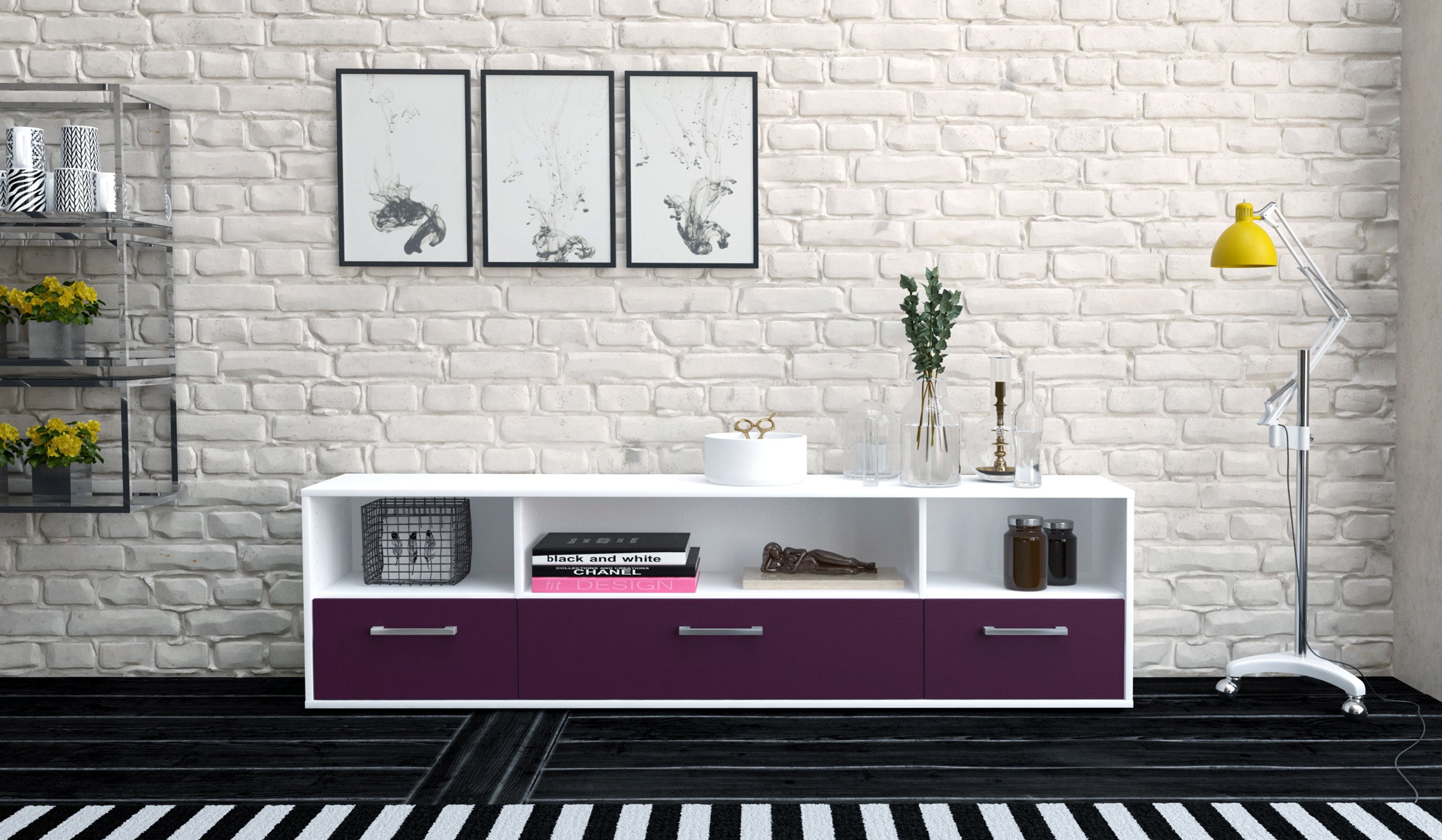 Lowboard - Aurelia - Design Farbakzent - Freistehend mit Griffe 180 cm Weiss