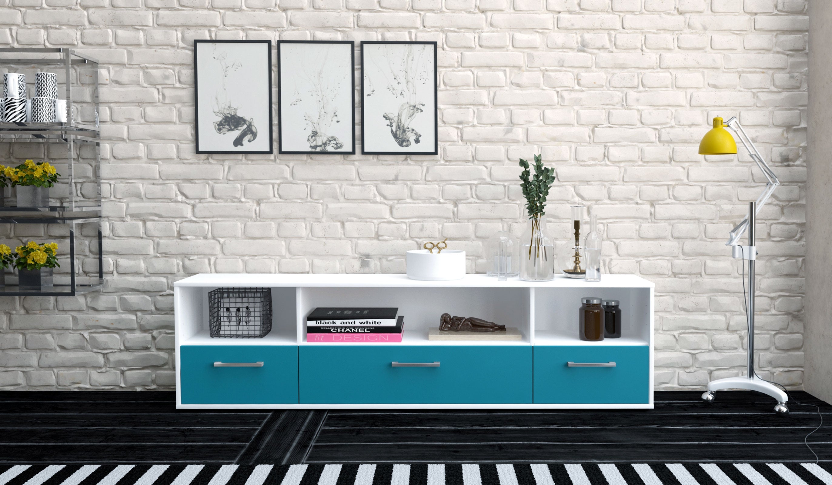 Lowboard - Aurelia - Design Farbakzent - Freistehend mit Griffe 180 cm Weiss