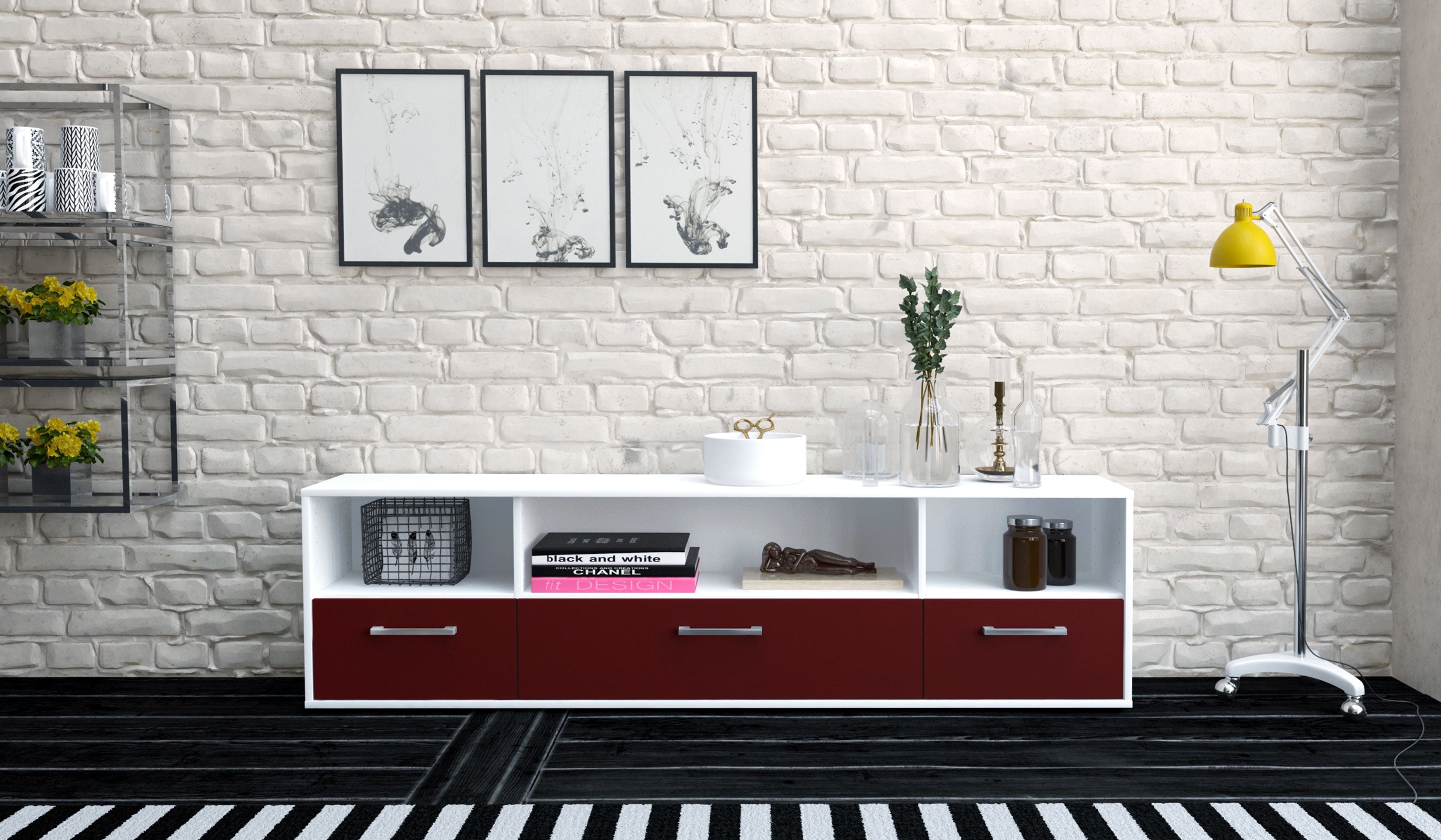 Lowboard - Aurelia - Design Farbakzent - Freistehend mit Griffe 180 cm Weiss