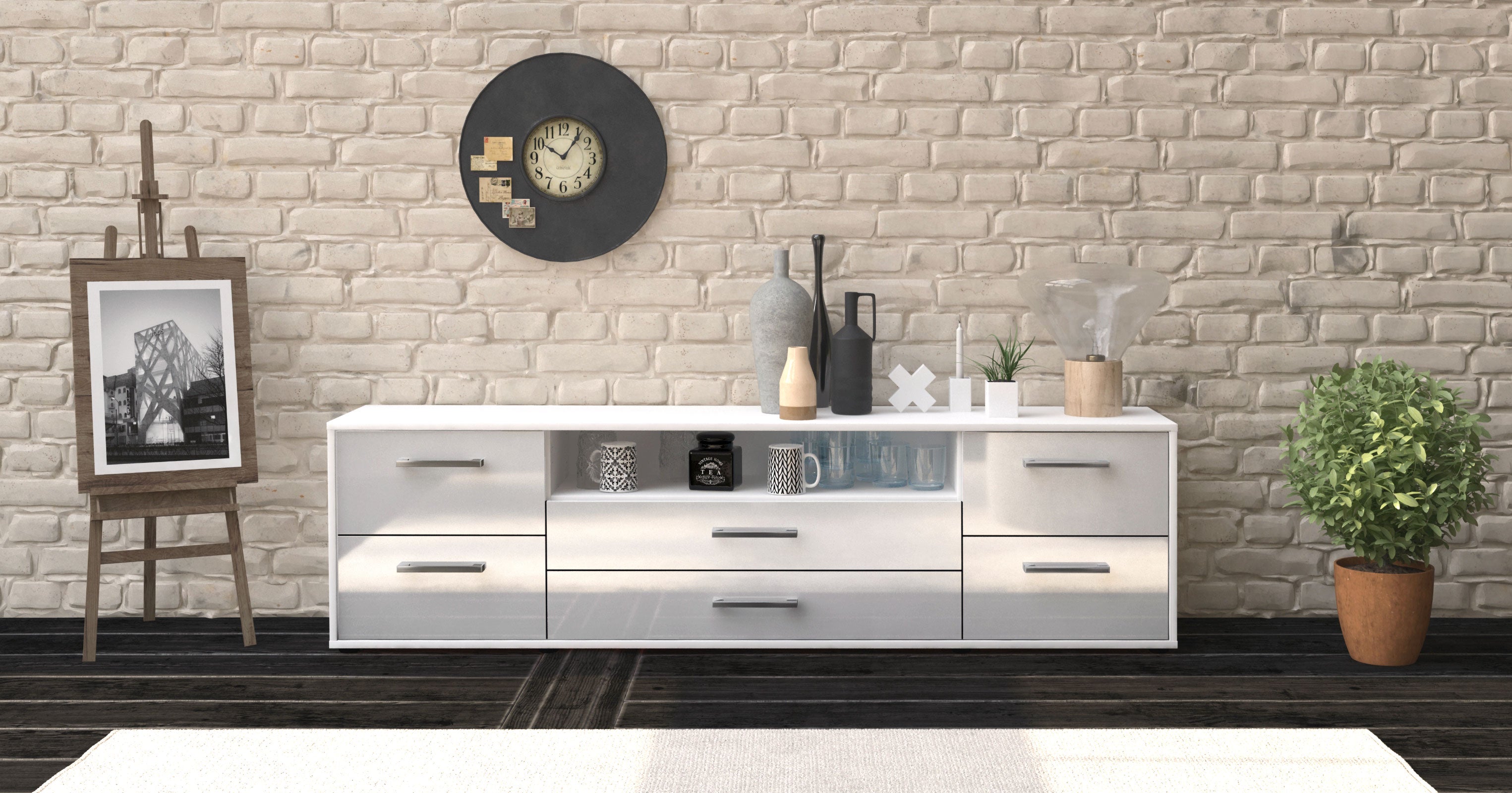 Lowboard - Aurora - Design Hochglanz - Freistehend mit Griffe 180 cm Weiss