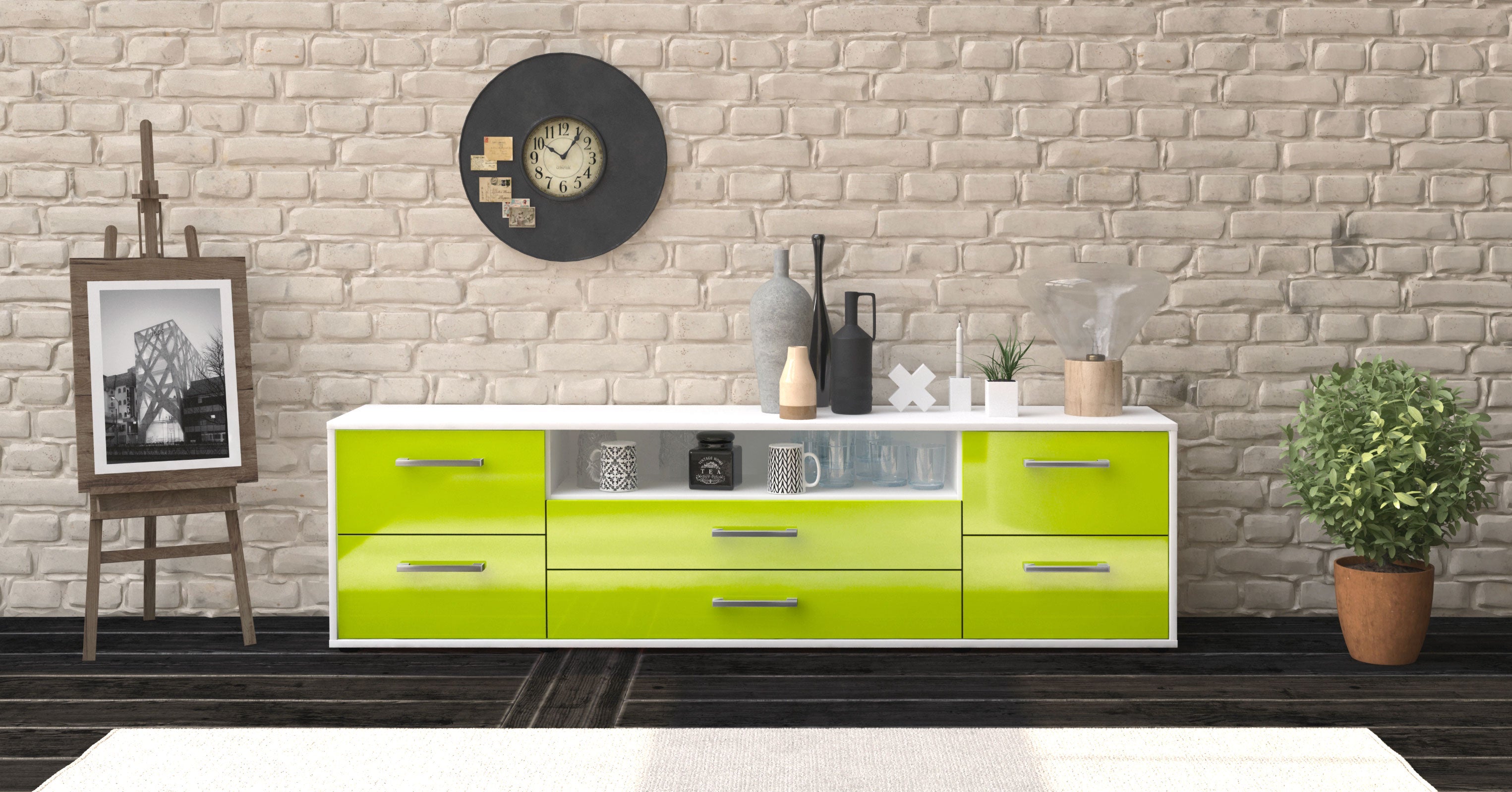 Lowboard - Aurora - Design Hochglanz - Freistehend mit Griffe 180 cm Weiss