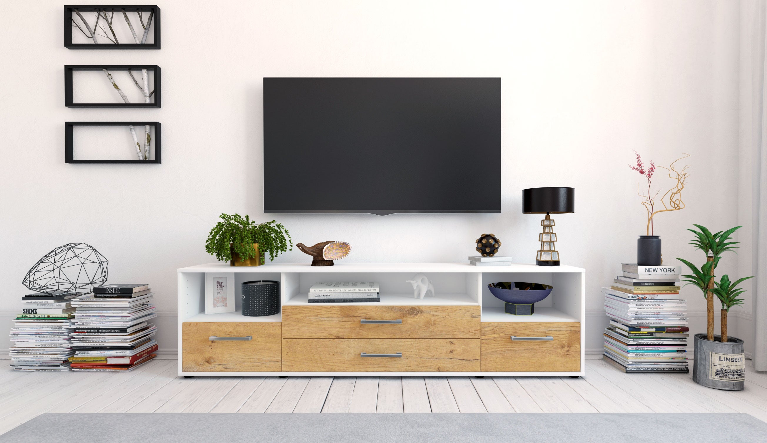 Lowboard - Azula - Design Holzdekor - Freistehend mit Griffe 180 cm Weiss