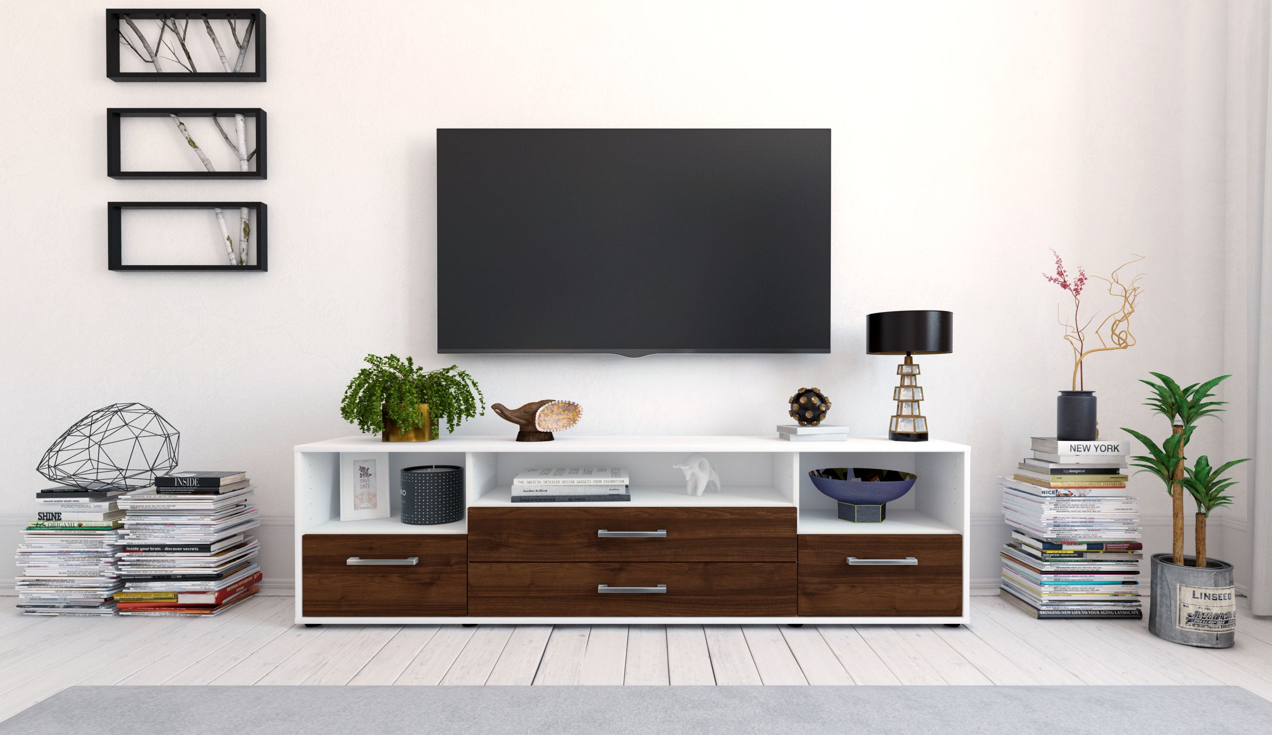 Lowboard - Azula - Design Holzdekor - Freistehend mit Griffe 180 cm Weiss