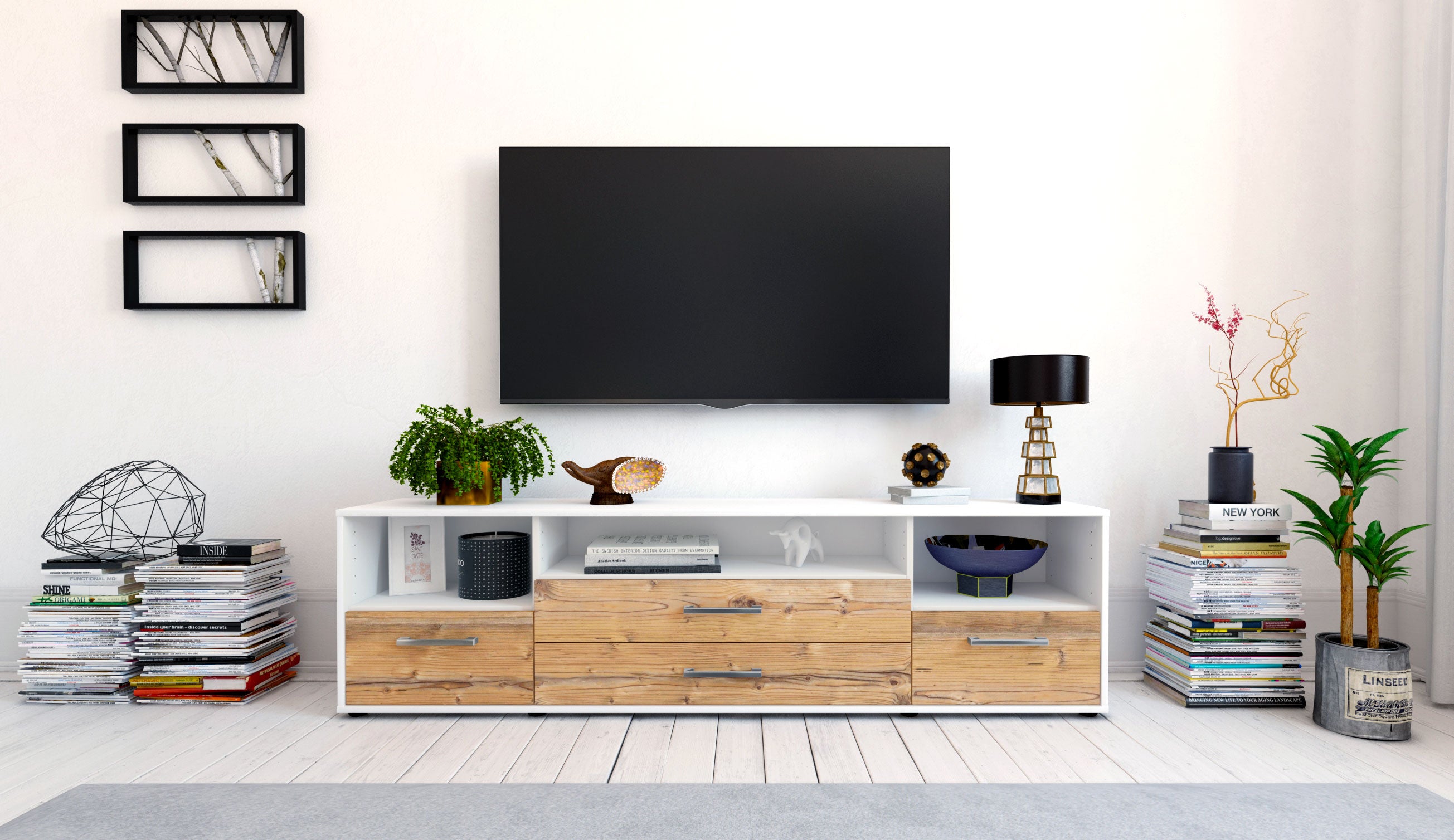 Lowboard - Azula - Design Holzdekor - Freistehend mit Griffe 180 cm Weiss