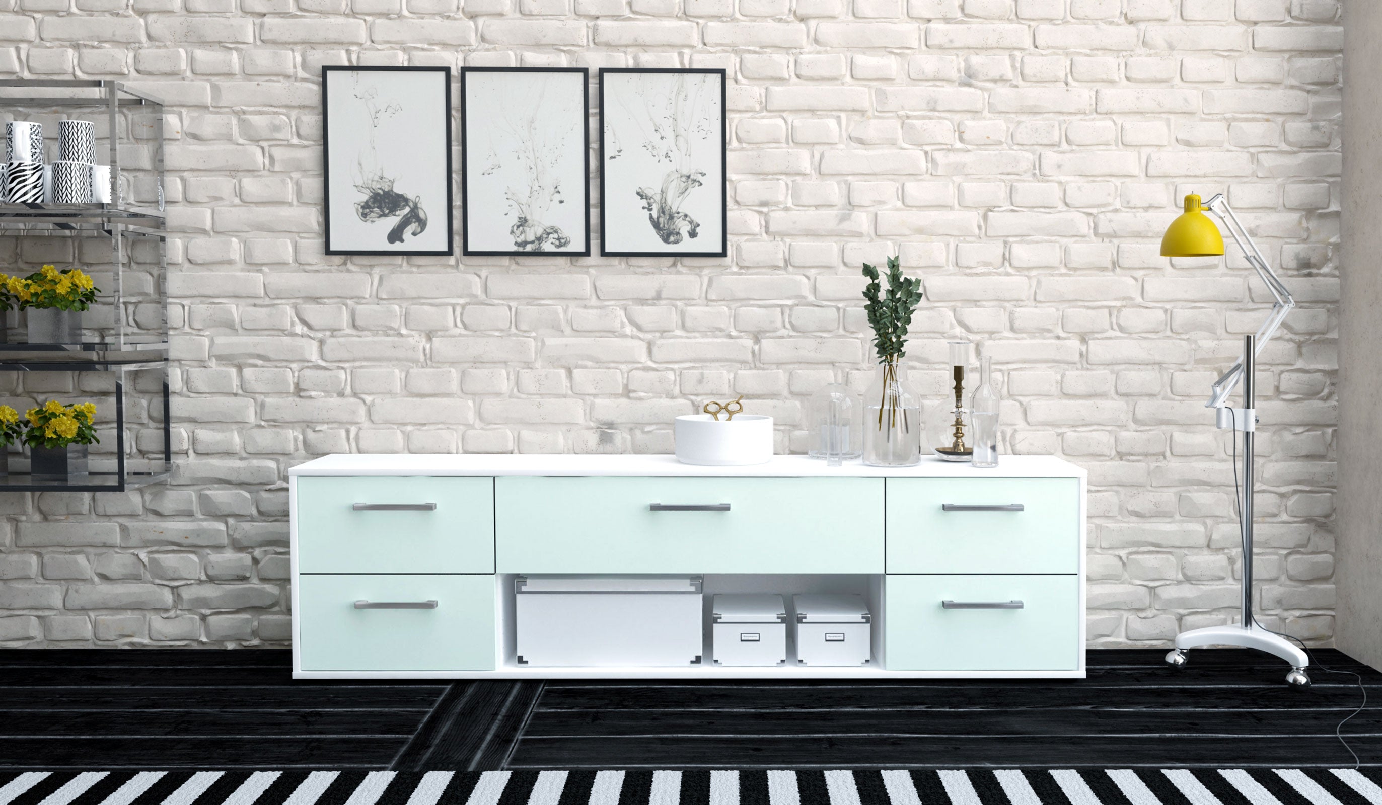 Lowboard - Babetta - Design Farbakzent - Freistehend mit Griffe 180 cm Weiss