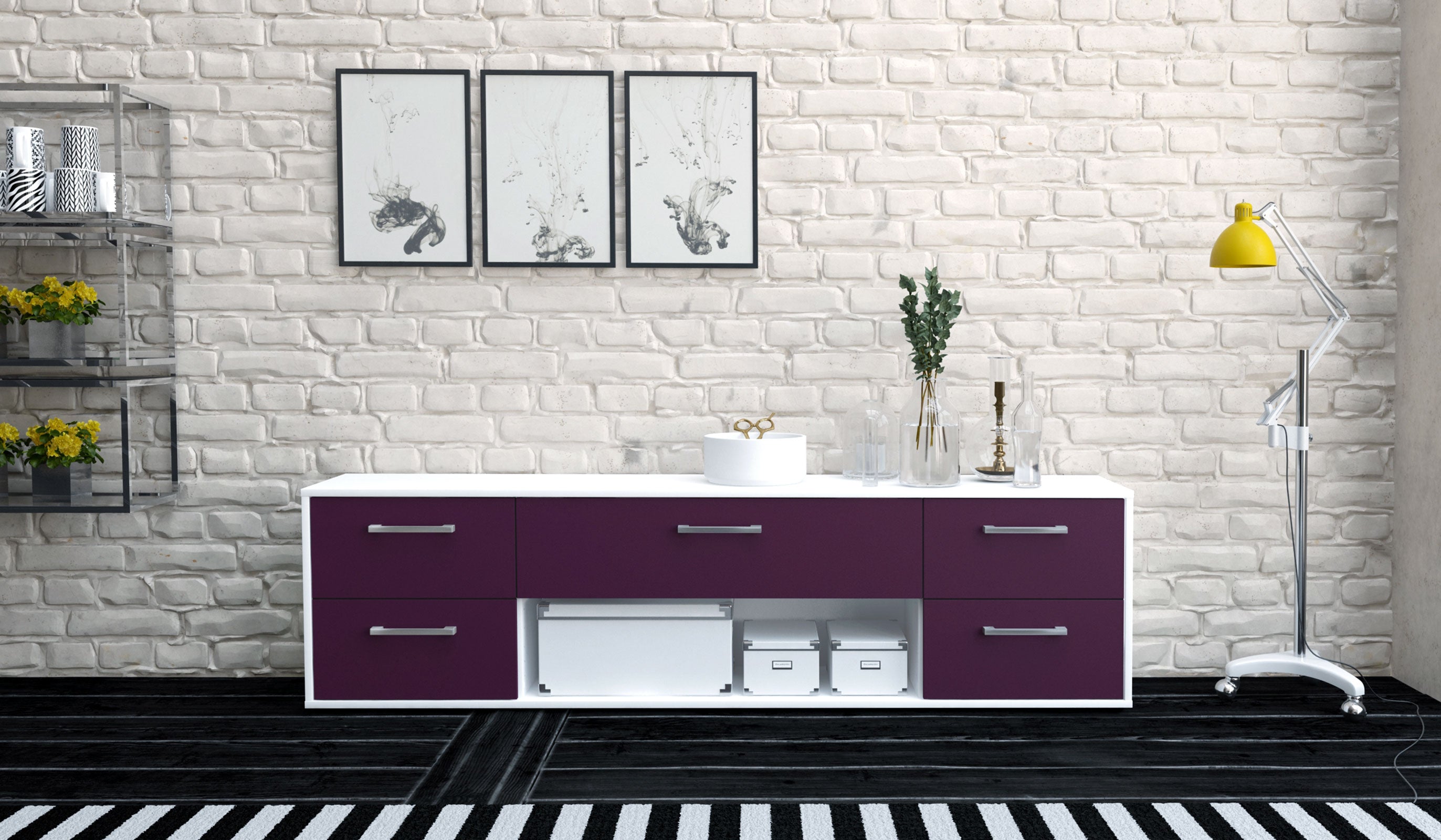 Lowboard - Babetta - Design Farbakzent - Freistehend mit Griffe 180 cm Weiss