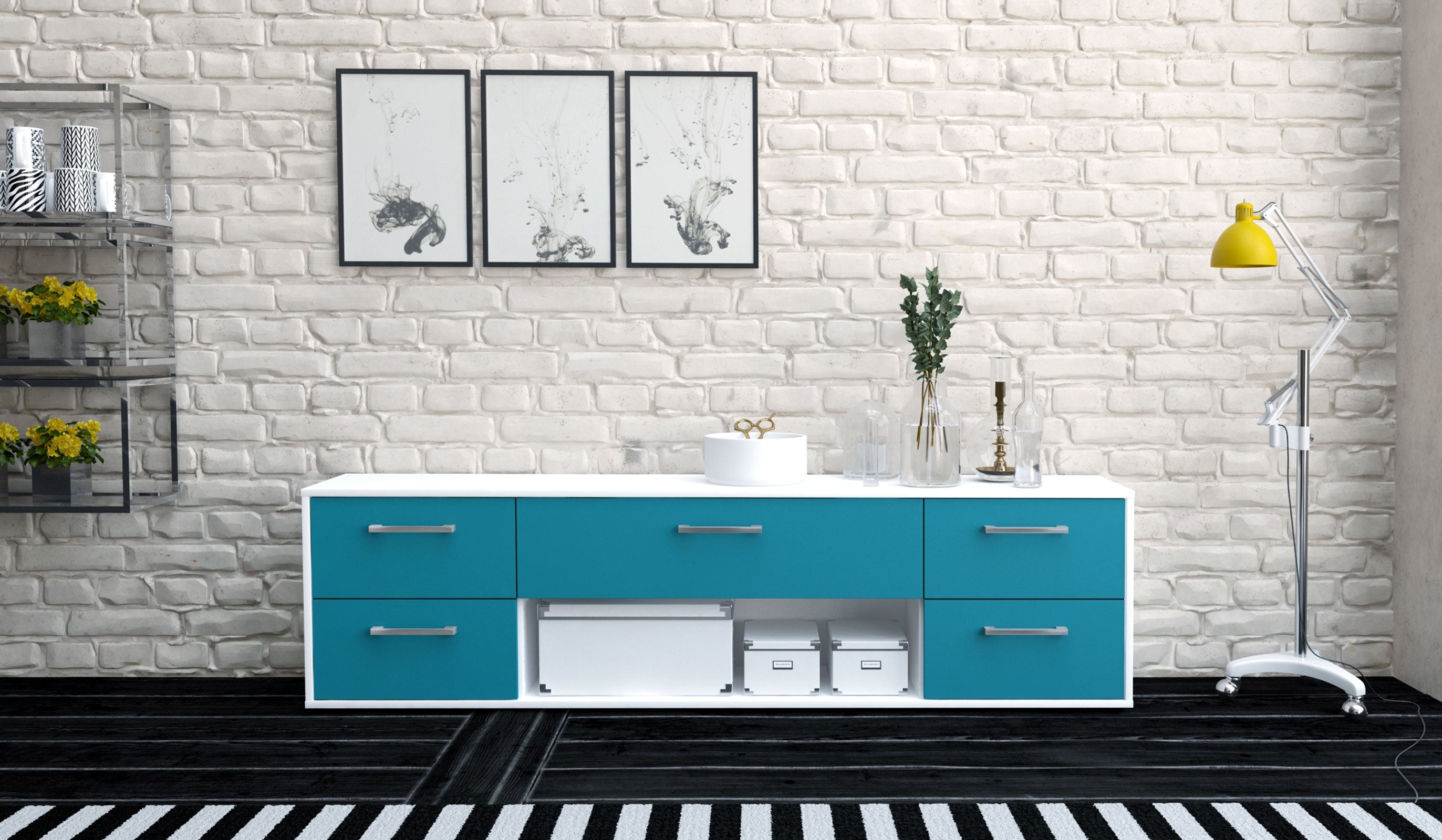 Lowboard - Babetta - Design Farbakzent - Freistehend mit Griffe 180 cm Weiss