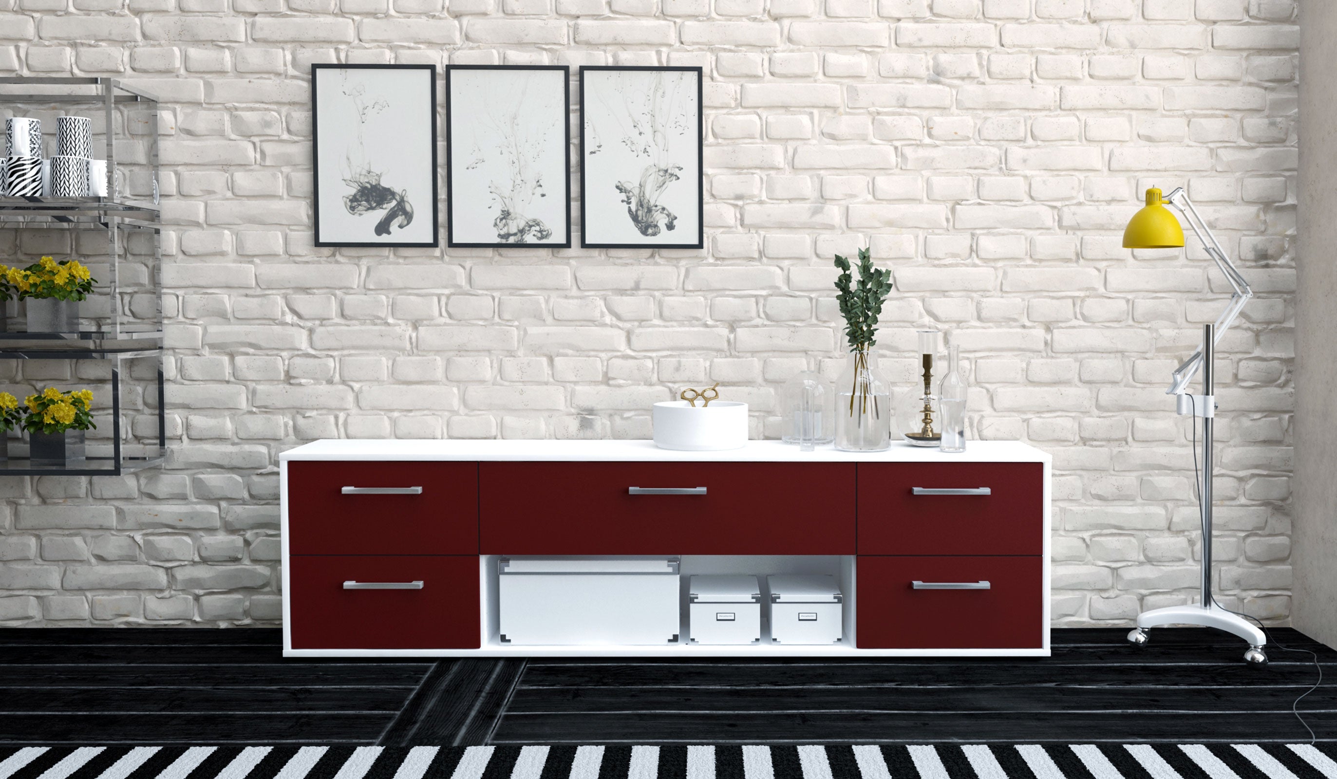 Lowboard - Babetta - Design Farbakzent - Freistehend mit Griffe 180 cm Weiss