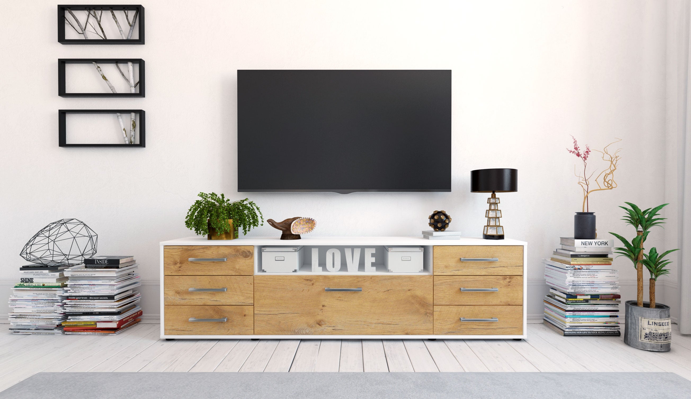 Lowboard - Beatrice - Design Holzdekor - Freistehend mit Griffe 180 cm Weiss