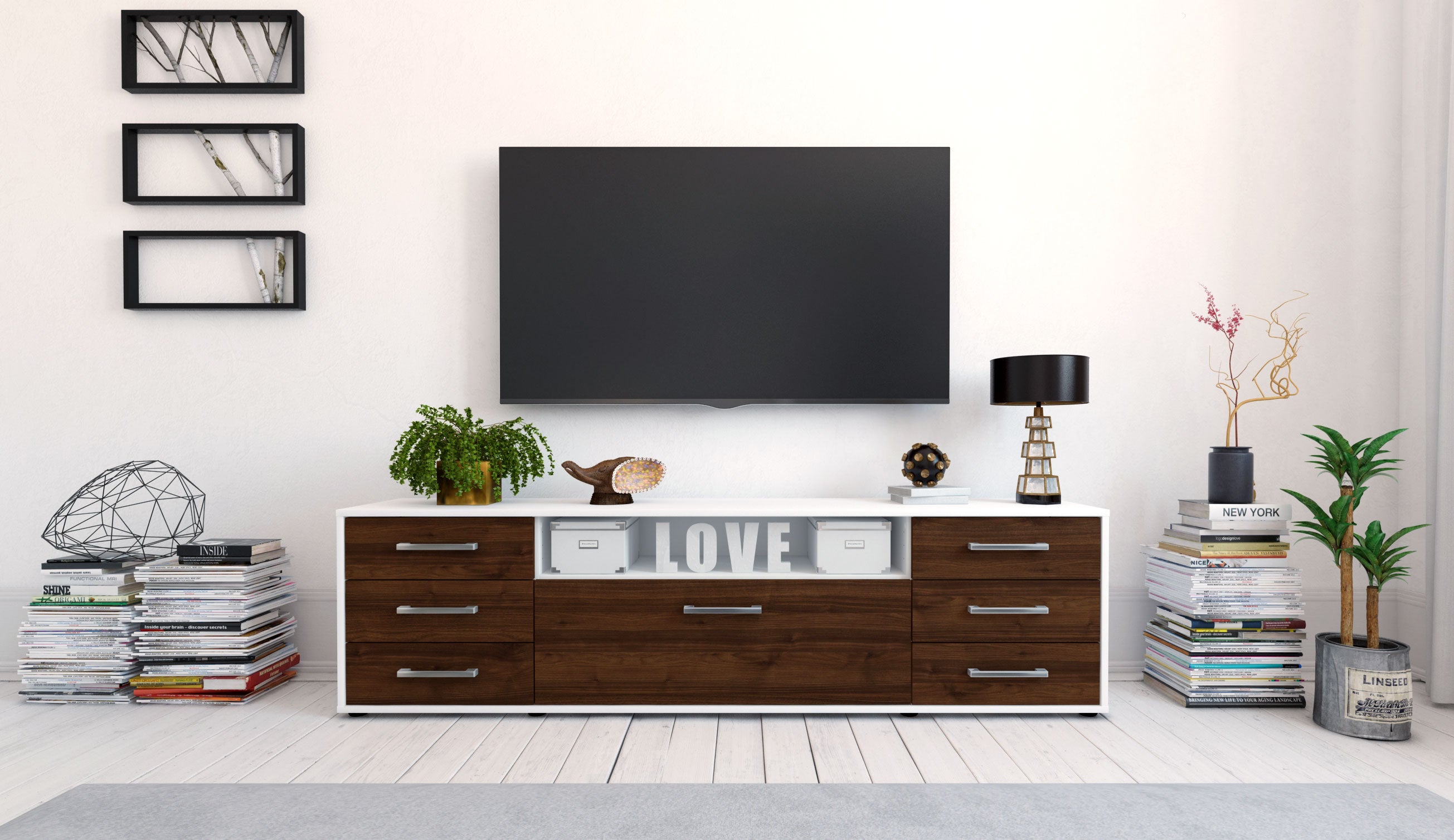 Lowboard - Beatrice - Design Holzdekor - Freistehend mit Griffe 180 cm Weiss