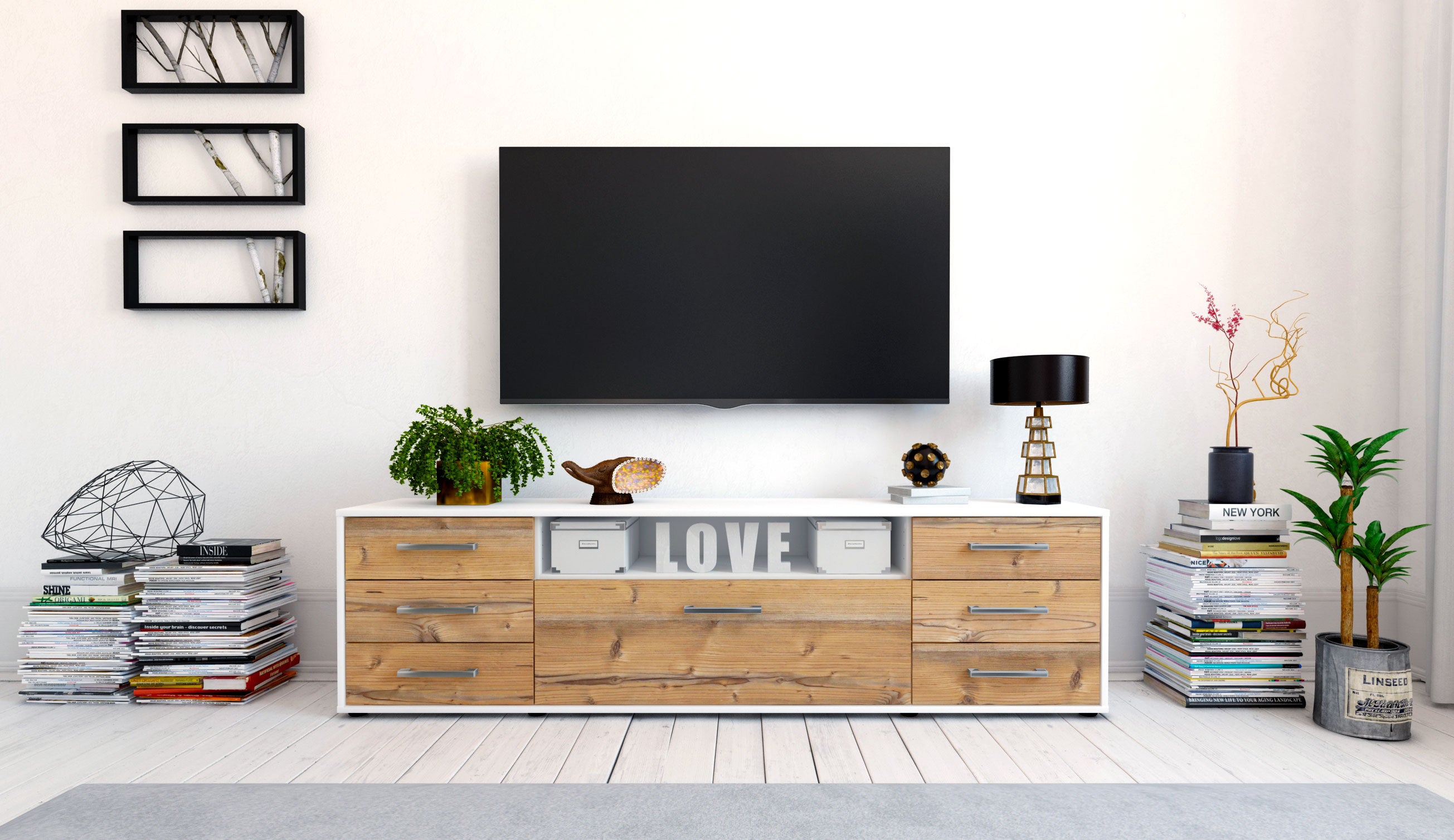 Lowboard - Beatrice - Design Holzdekor - Freistehend mit Griffe 180 cm Weiss