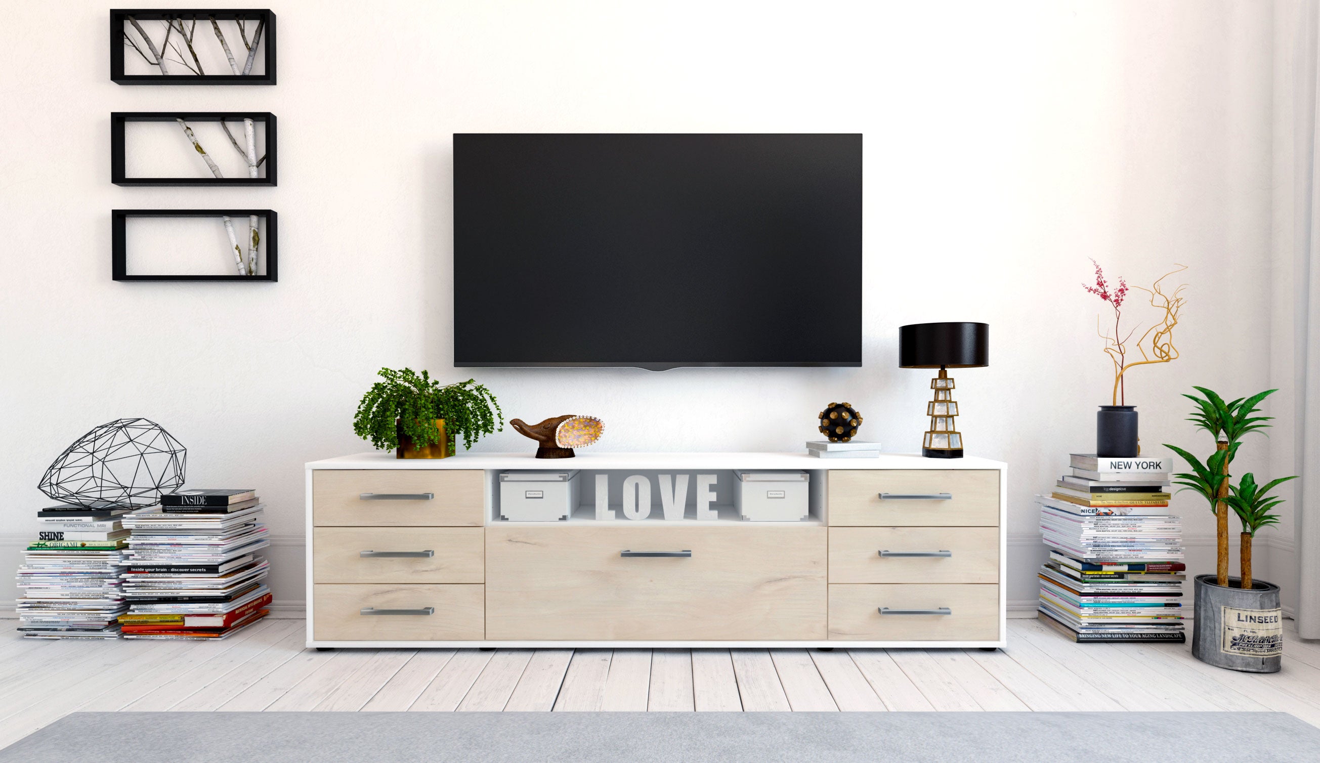 Lowboard - Beatrice - Design Holzdekor - Freistehend mit Griffe 180 cm Weiss