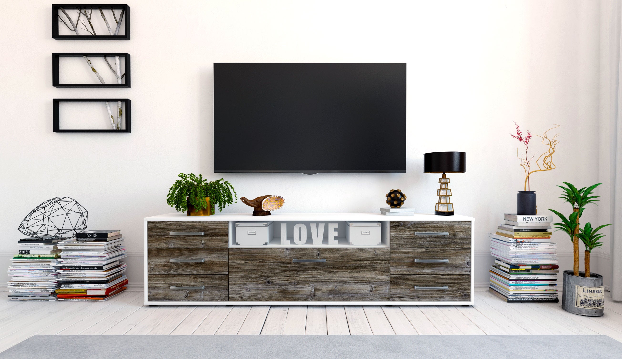 Lowboard - Beatrice - Design Holzdekor - Freistehend mit Griffe 180 cm Weiss