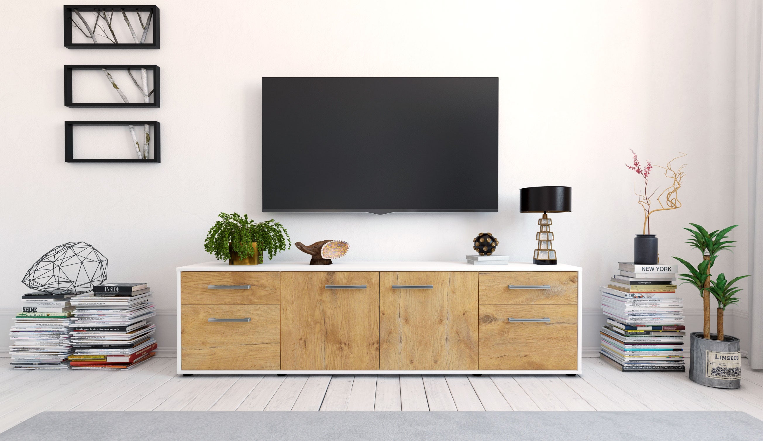 Lowboard - Benedetta - Design Holzdekor - Freistehend mit Griffe 180 cm Weiss