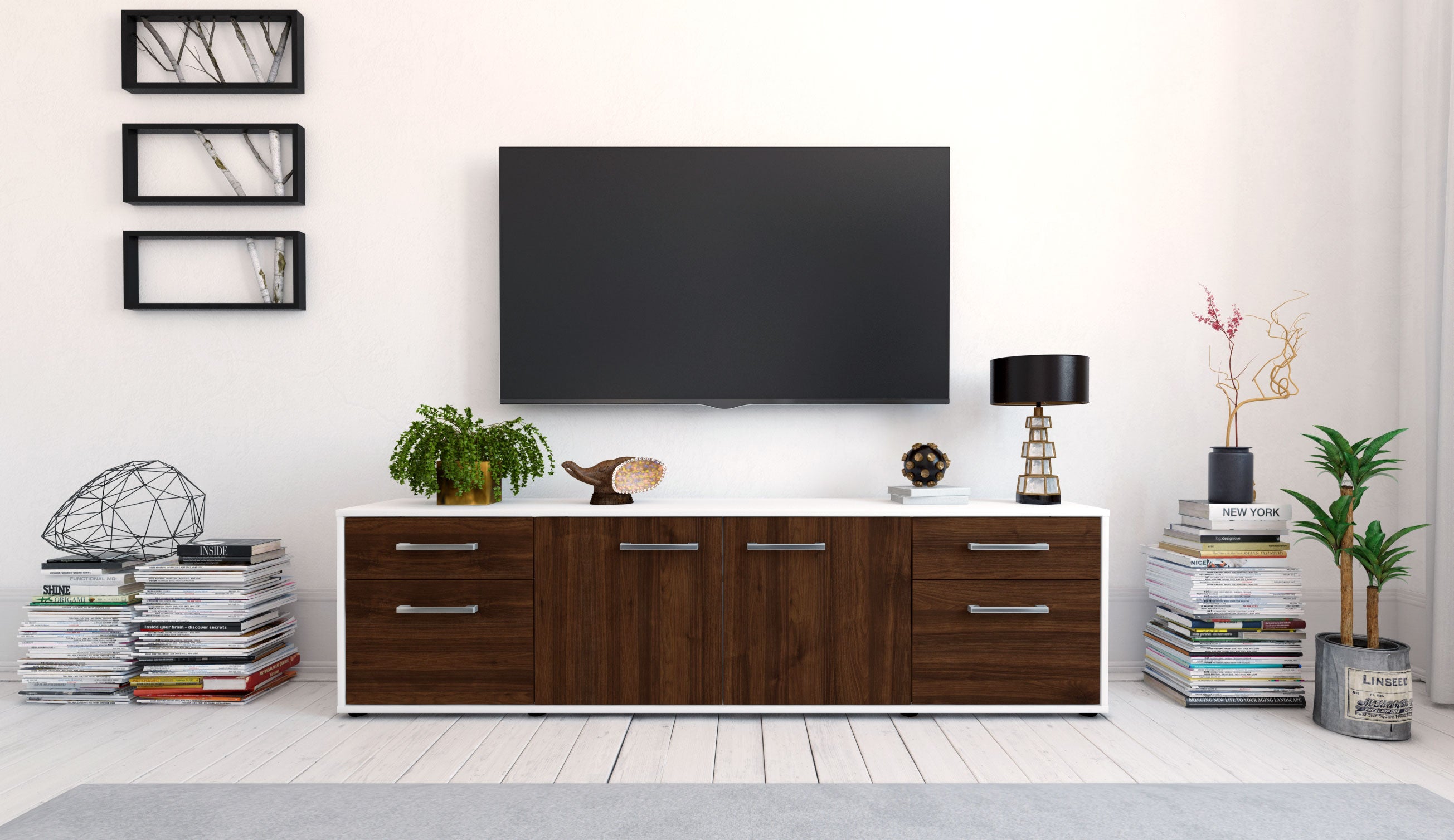 Lowboard - Benedetta - Design Holzdekor - Freistehend mit Griffe 180 cm Weiss