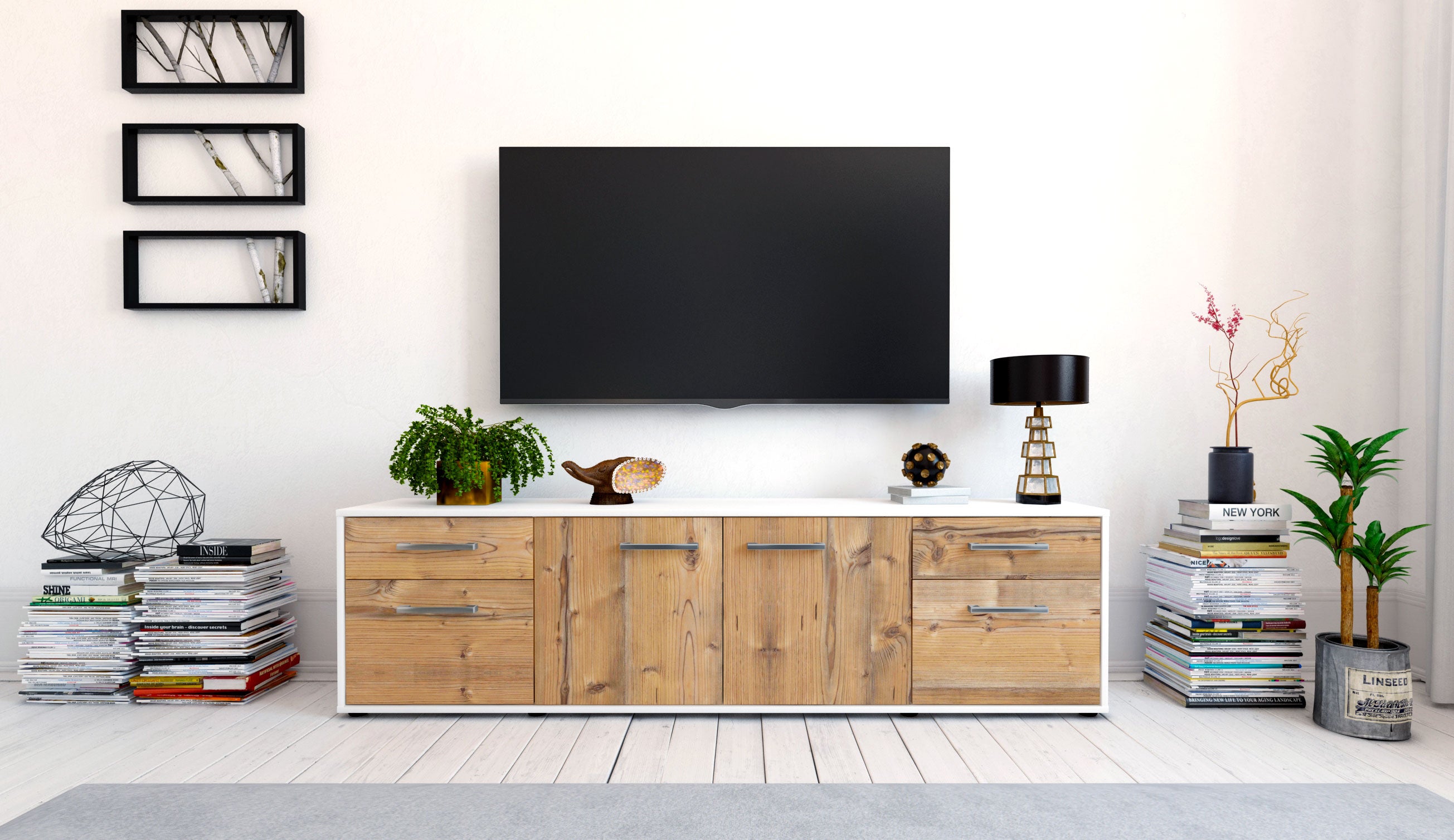 Lowboard - Benedetta - Design Holzdekor - Freistehend mit Griffe 180 cm Weiss