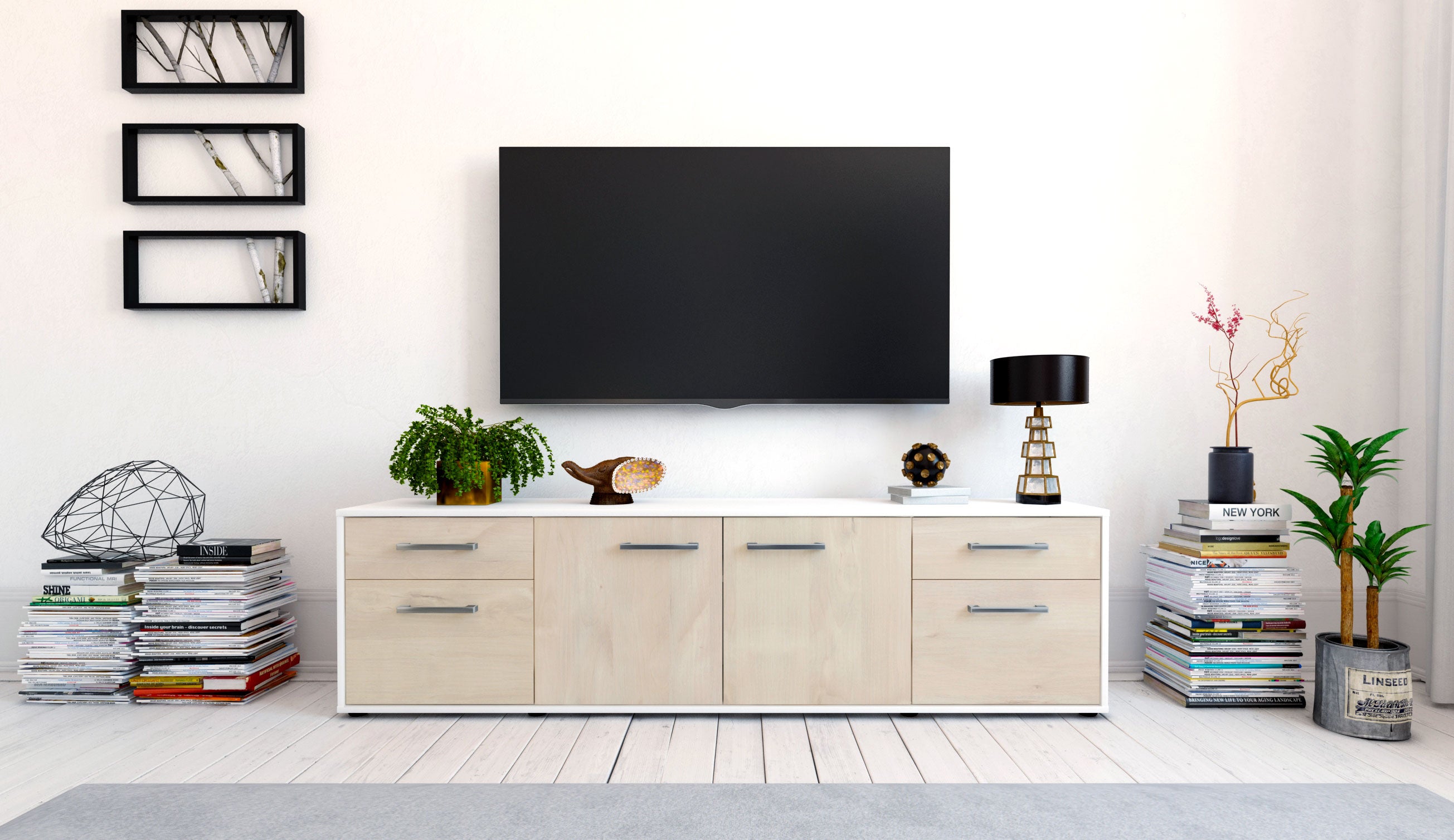 Lowboard - Benedetta - Design Holzdekor - Freistehend mit Griffe 180 cm Weiss
