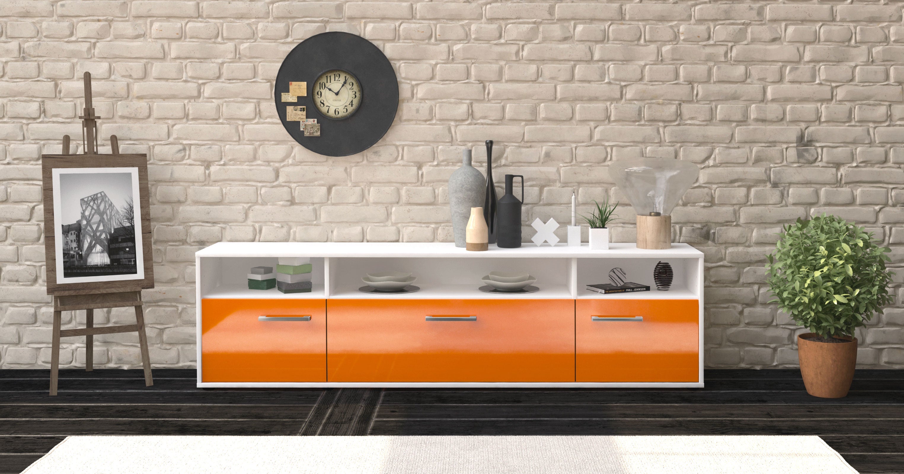 Lowboard - BIANCA - Design Hochglanz - Freistehend mit Griffe 180 cm Weiss