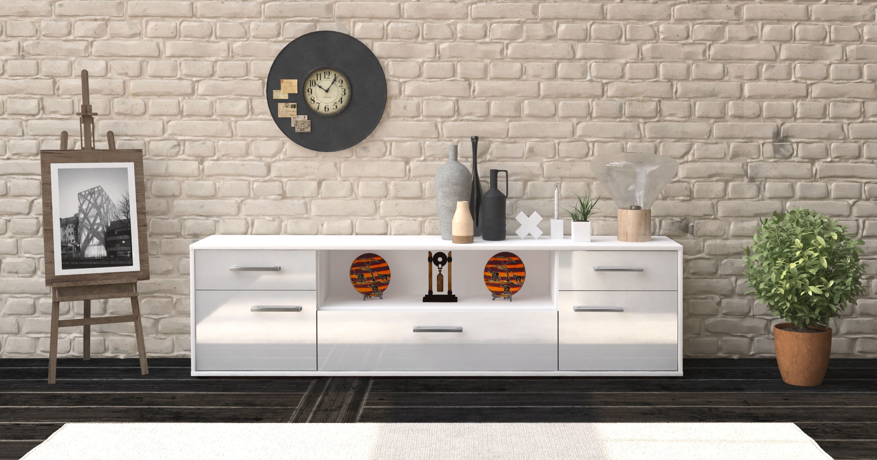 Lowboard - Biggi - Design Hochglanz - Freistehend mit Griffe 180 cm Weiss