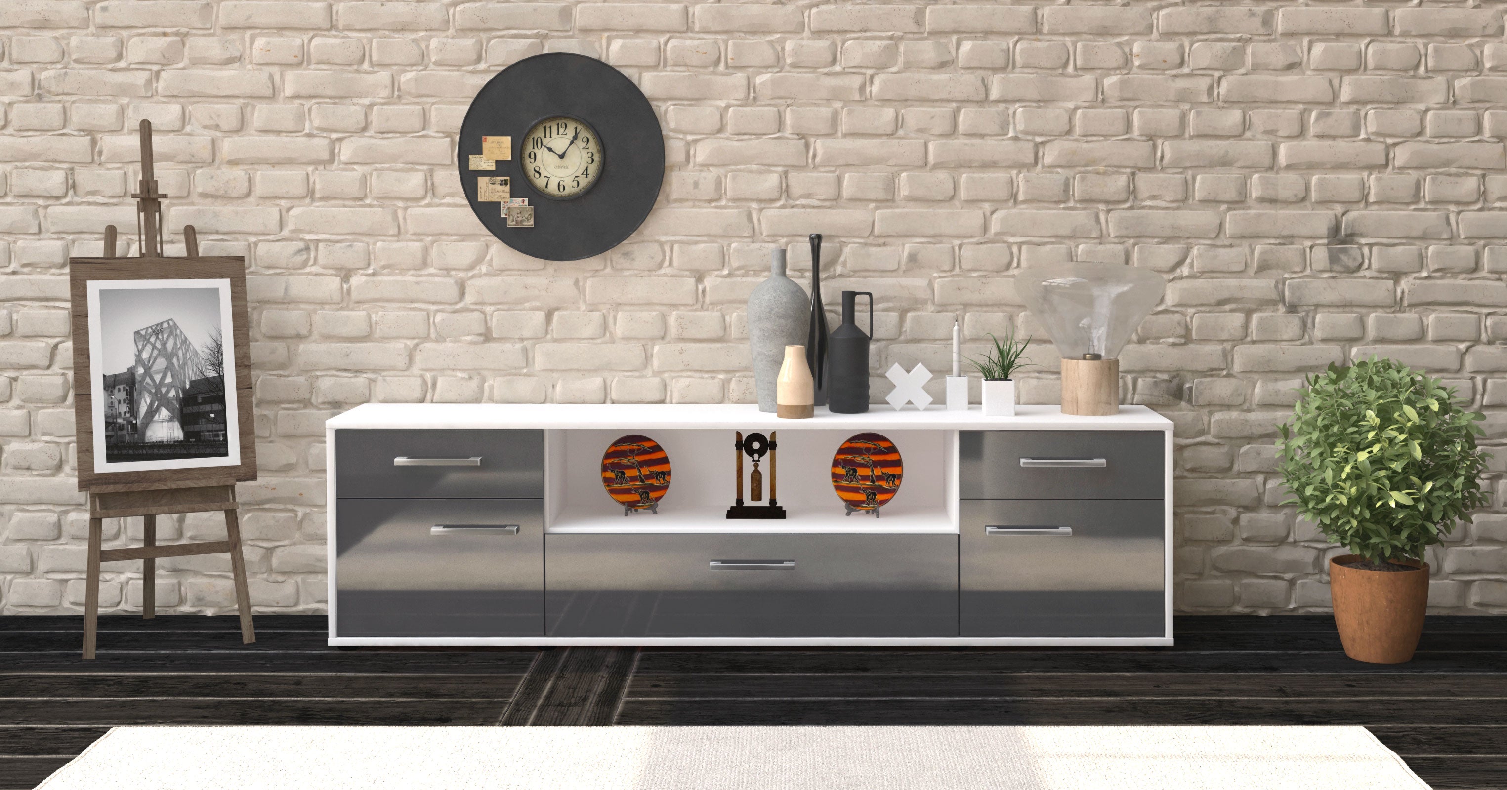 Lowboard - Biggi - Design Hochglanz - Freistehend mit Griffe 180 cm Weiss