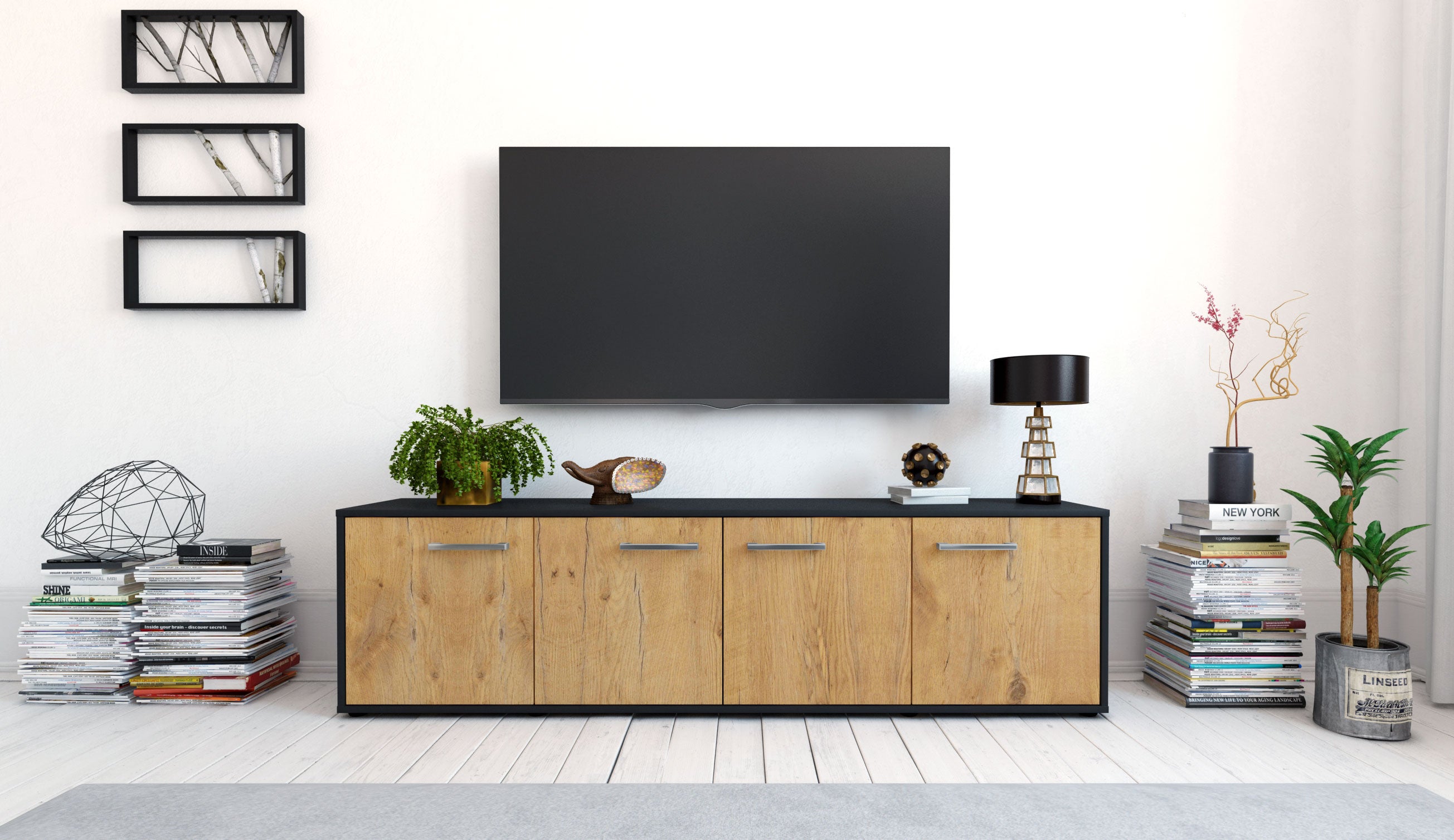 Lowboard - Antonia - Design Holzdekor - Freistehend mit Griffe 180 cm Anthrazit