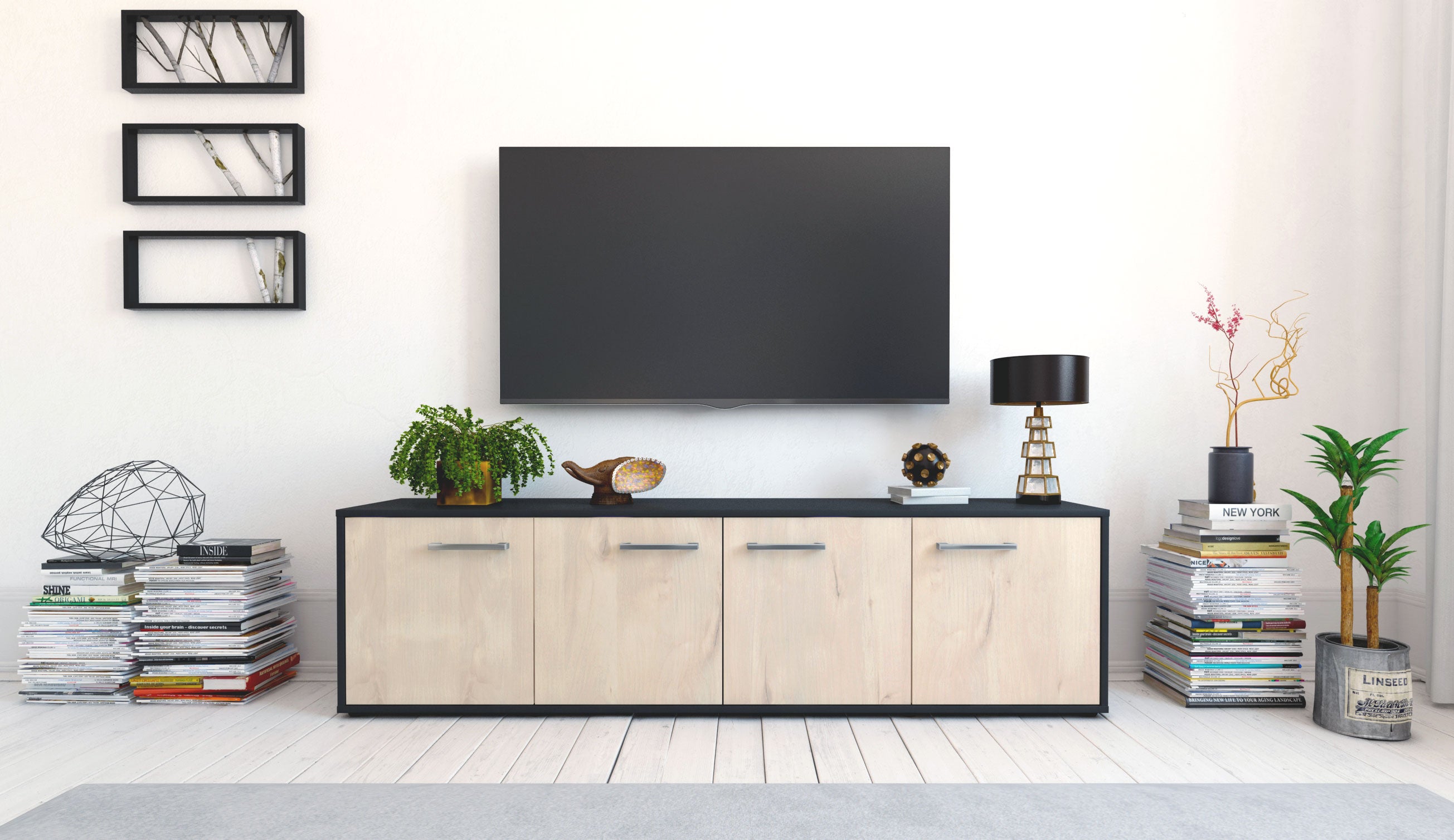 Lowboard - Antonia - Design Holzdekor - Freistehend mit Griffe 180 cm Anthrazit
