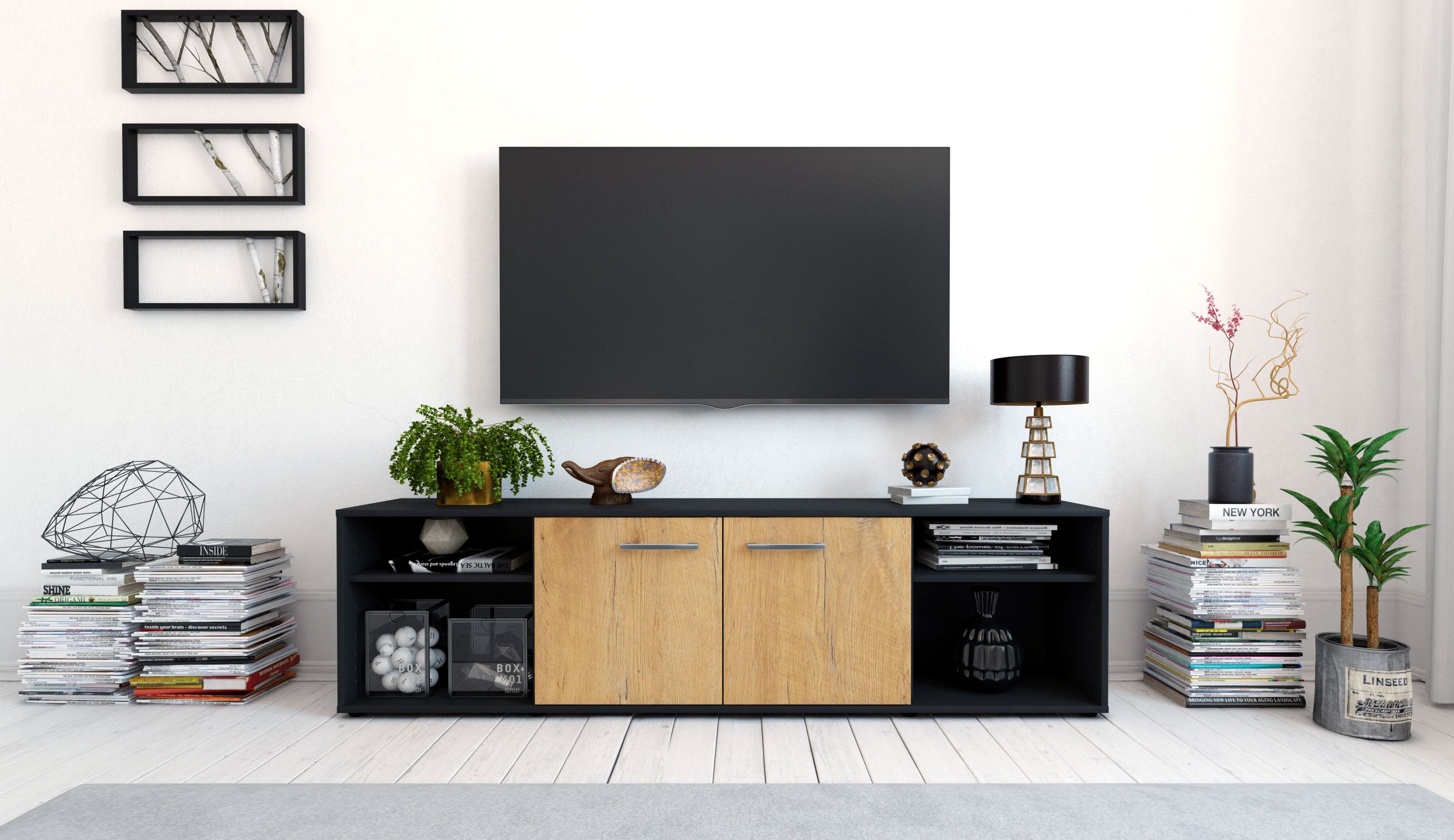 Lowboard - Asimo - Design Holzdekor - Freistehend mit Griffe 180 cm Anthrazit